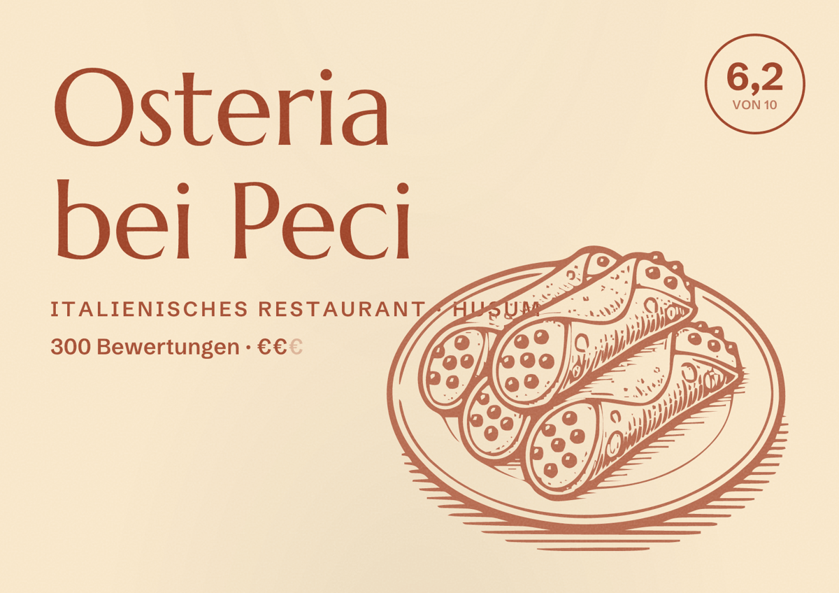 Illustriertes Poster von Osteria bei Peci, Italienisches Restaurant in Husum: Bewertung 6,2 von 10 aus 300 Bewertungen, Preisniveau €€