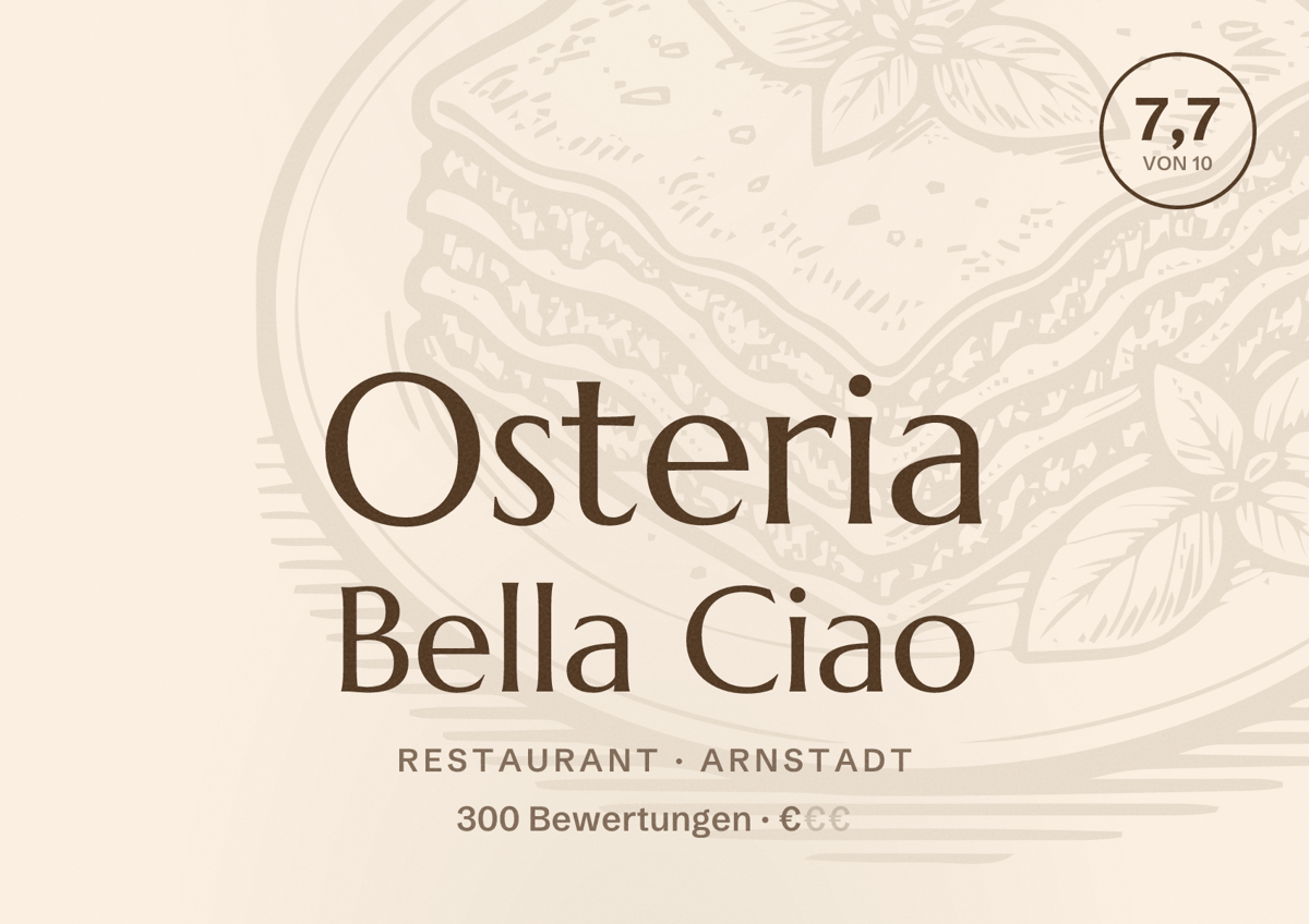 Illustriertes Poster von Osteria Bella Ciao, Restaurant in Arnstadt: Bewertung 7,7 von 10 aus 300 Bewertungen, Preisniveau €