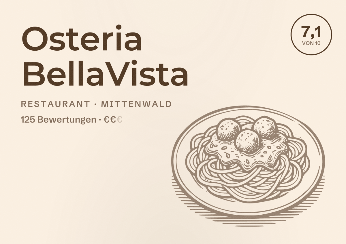 Illustriertes Poster von Osteria BellaVista, Restaurant in Mittenwald: Bewertung 7,1 von 10 aus 125 Bewertungen, Preisniveau €€