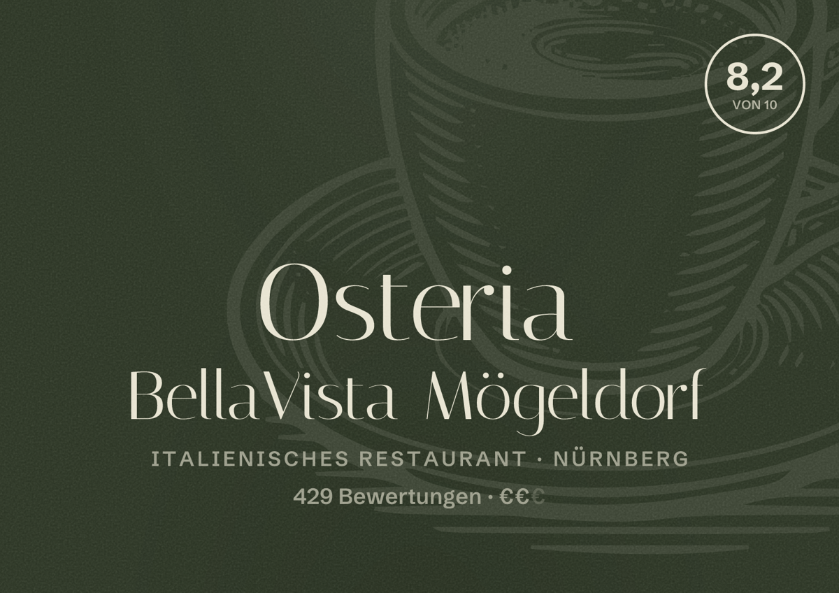 Illustriertes Poster von Osteria BellaVista Mögeldorf, Italienisches Restaurant in Nürnberg: Bewertung 8,2 von 10 aus 429 Bewertungen, Preisniveau €€