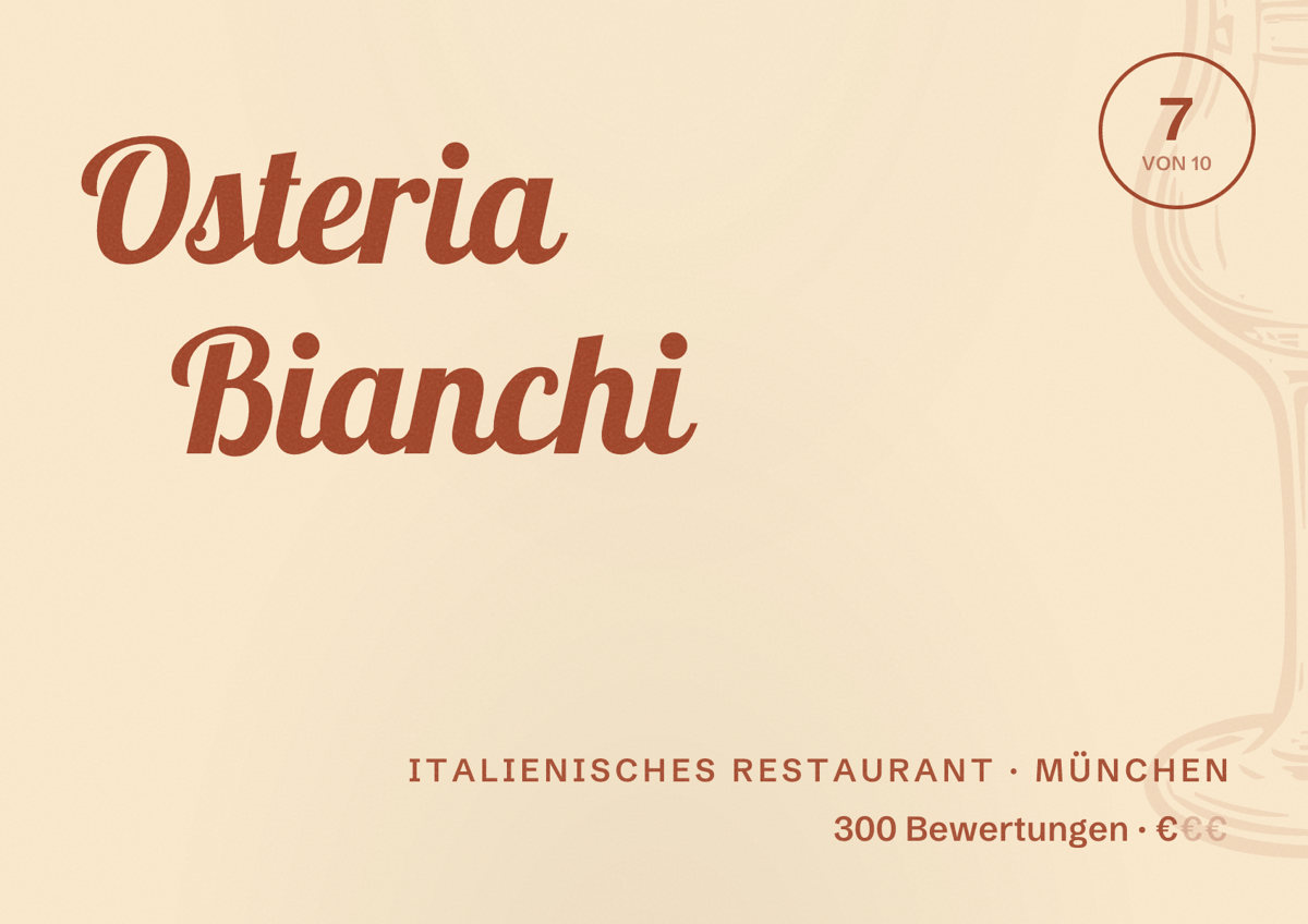 Illustriertes Poster von Osteria Bianchi, Italienisches Restaurant in München: Bewertung 7,0 von 10 aus 300 Bewertungen, Preisniveau €