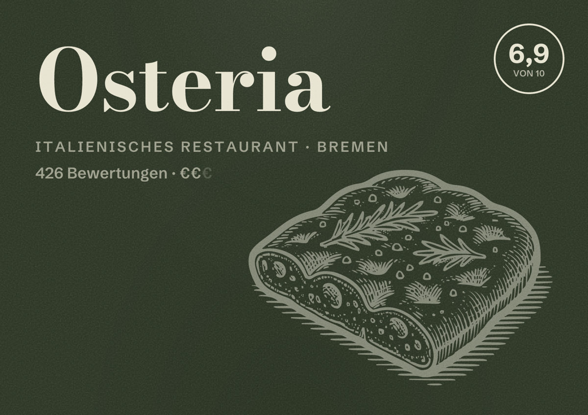 Illustriertes Poster von Osteria, Italienisches Restaurant in Bremen: Bewertung 6,9 von 10 aus 426 Bewertungen, Preisniveau €€