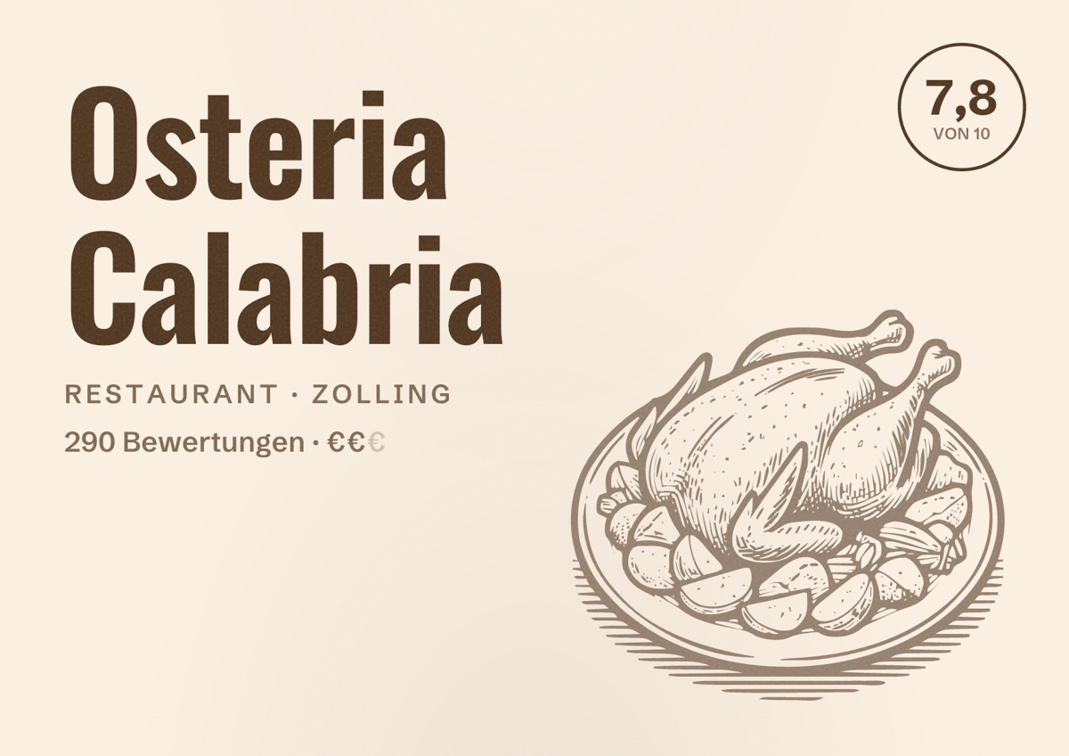 Illustriertes Poster von Osteria Calabria, Restaurant in Zolling: Bewertung 7,8 von 10 aus 290 Bewertungen, Preisniveau €€