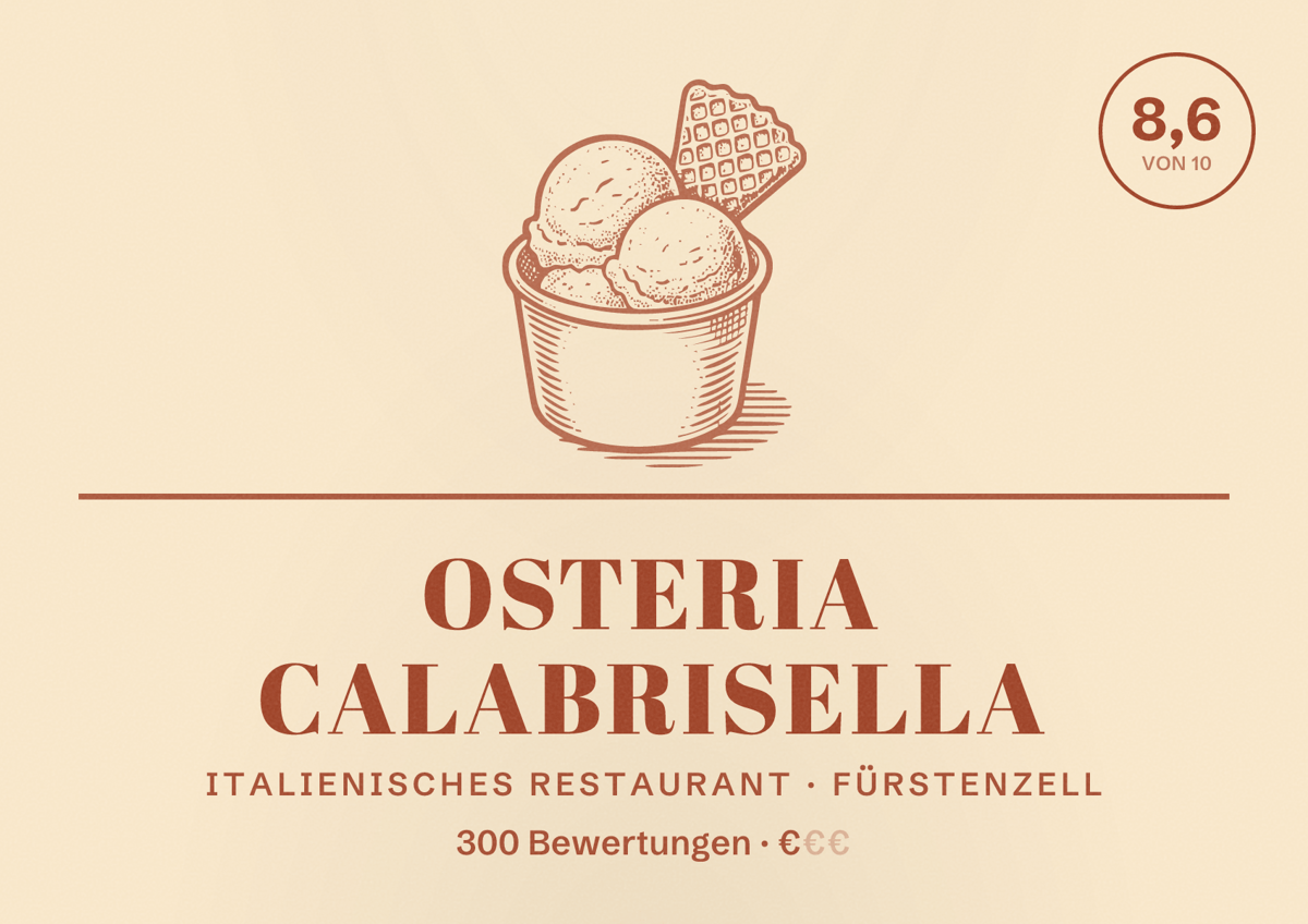 Illustriertes Poster von Osteria Calabrisella, Italienisches Restaurant in Fürstenzell: Bewertung 8,6 von 10 aus 300 Bewertungen, Preisniveau €