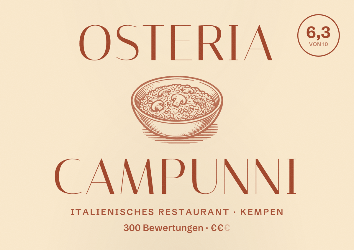 Illustriertes Poster von Osteria Campunni, Italienisches Restaurant in Kempen: Bewertung 6,3 von 10 aus 300 Bewertungen, Preisniveau €€