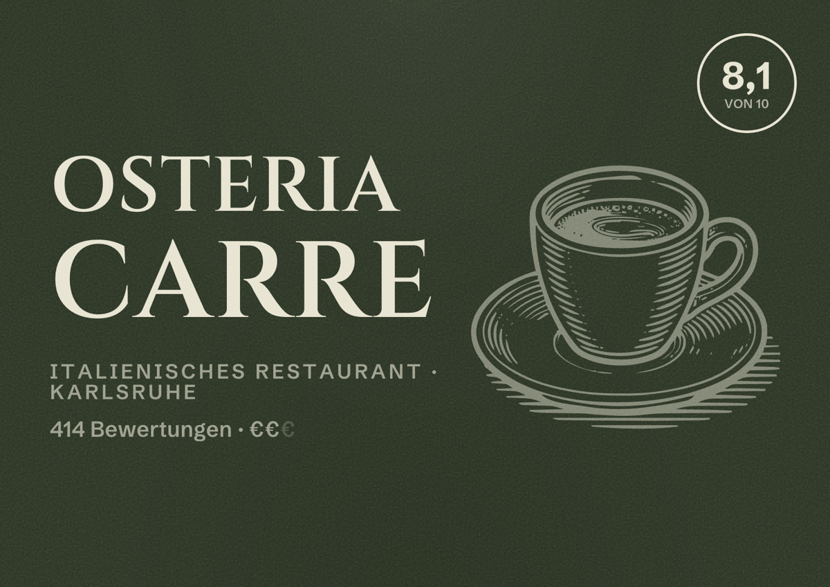 Illustriertes Poster von Osteria Carre, Italienisches Restaurant in Karlsruhe: Bewertung 8,1 von 10 aus 414 Bewertungen, Preisniveau €€