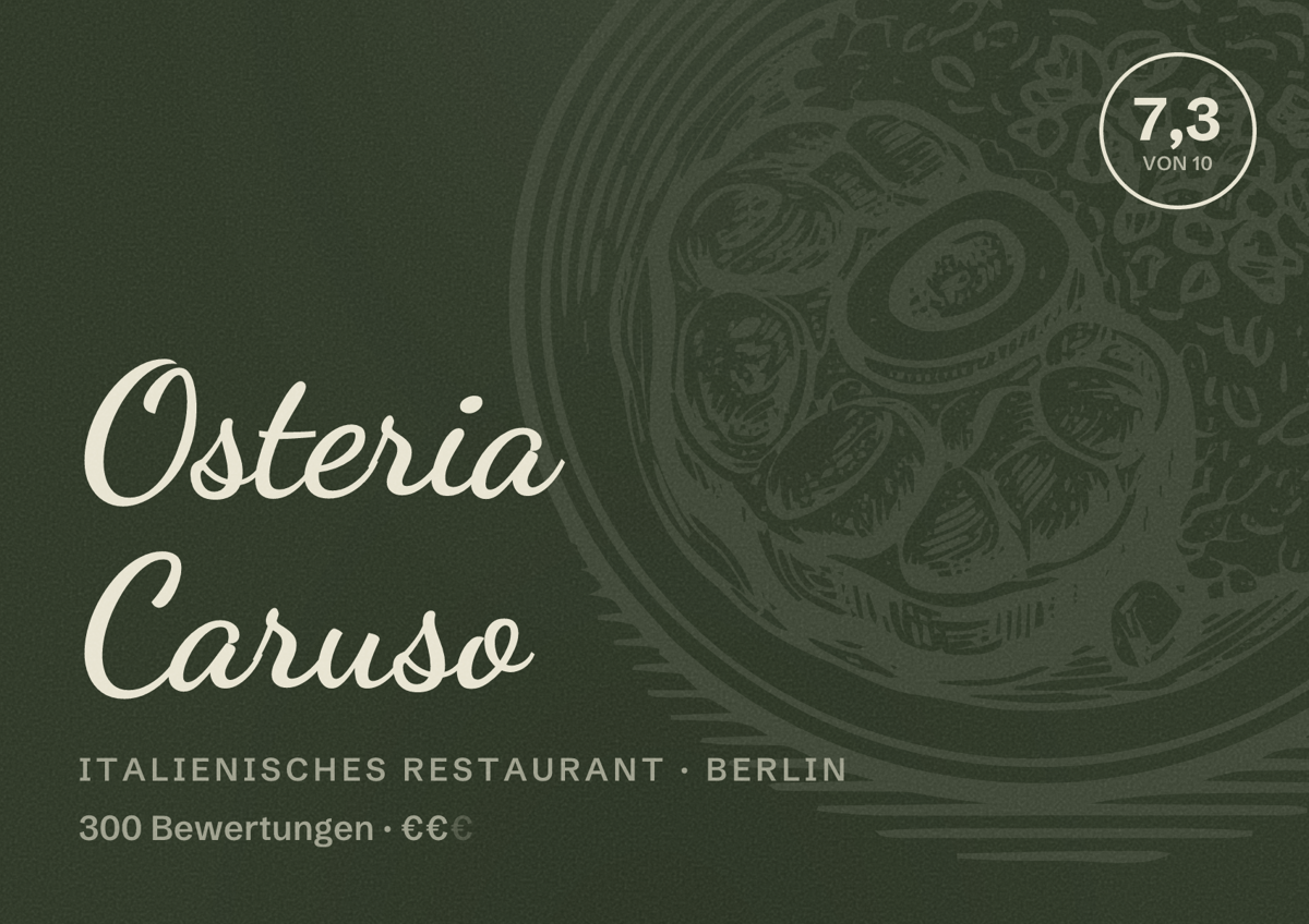 Illustriertes Poster von Osteria Caruso, Italienisches Restaurant in Berlin: Bewertung 7,3 von 10 aus 300 Bewertungen, Preisniveau €€