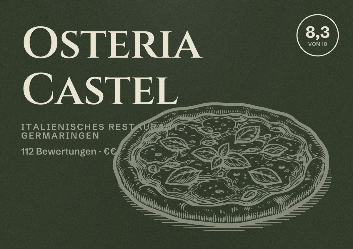 Illustriertes Poster von Osteria Castel, Italienisches Restaurant in Germaringen: Bewertung 8,3 von 10 aus 112 Bewertungen, Preisniveau €€
