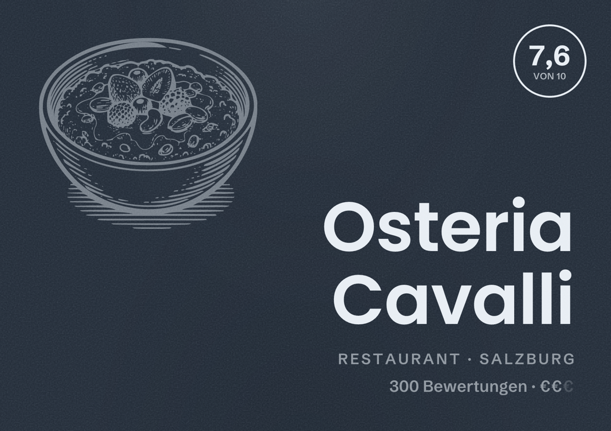 Illustriertes Poster von Osteria Cavalli, Restaurant in Salzburg: Bewertung 7,6 von 10 aus 300 Bewertungen, Preisniveau €€