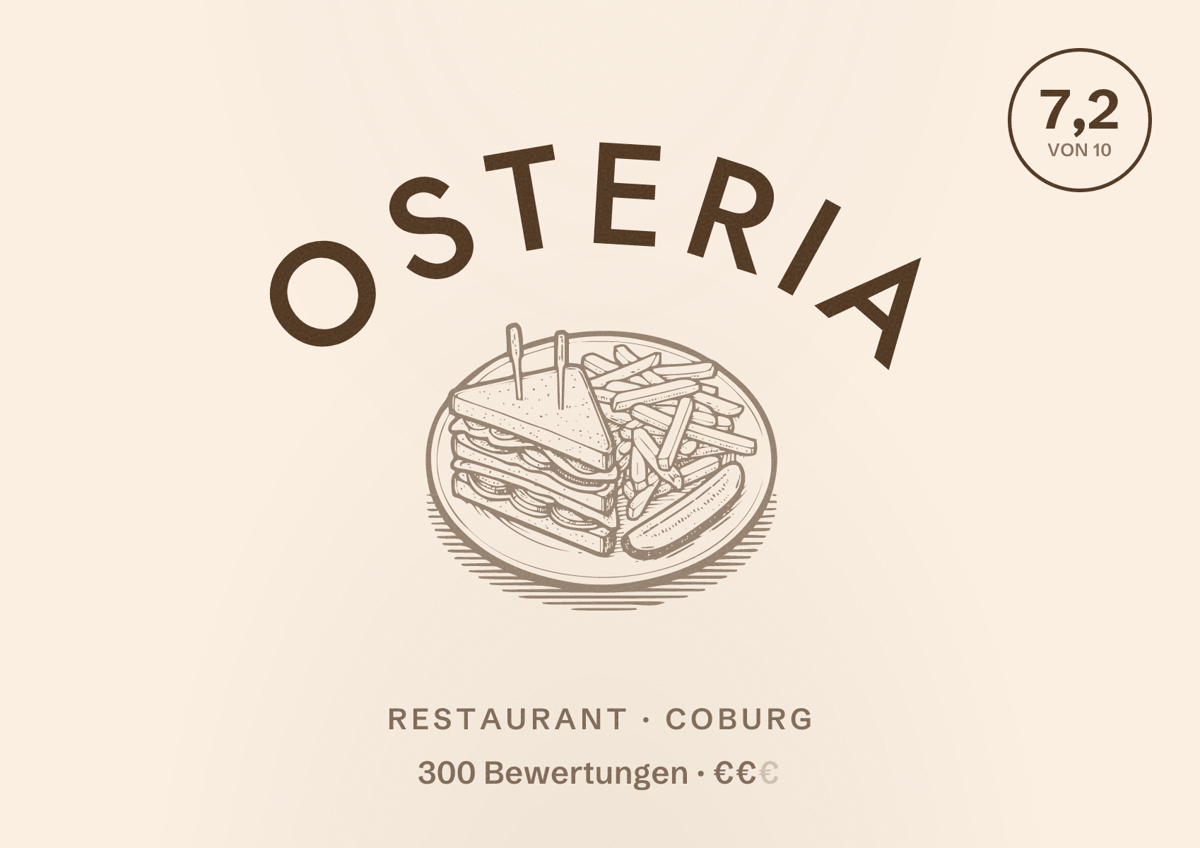 Illustriertes Poster von Osteria, Restaurant in Coburg: Bewertung 7,2 von 10 aus 300 Bewertungen, Preisniveau €€