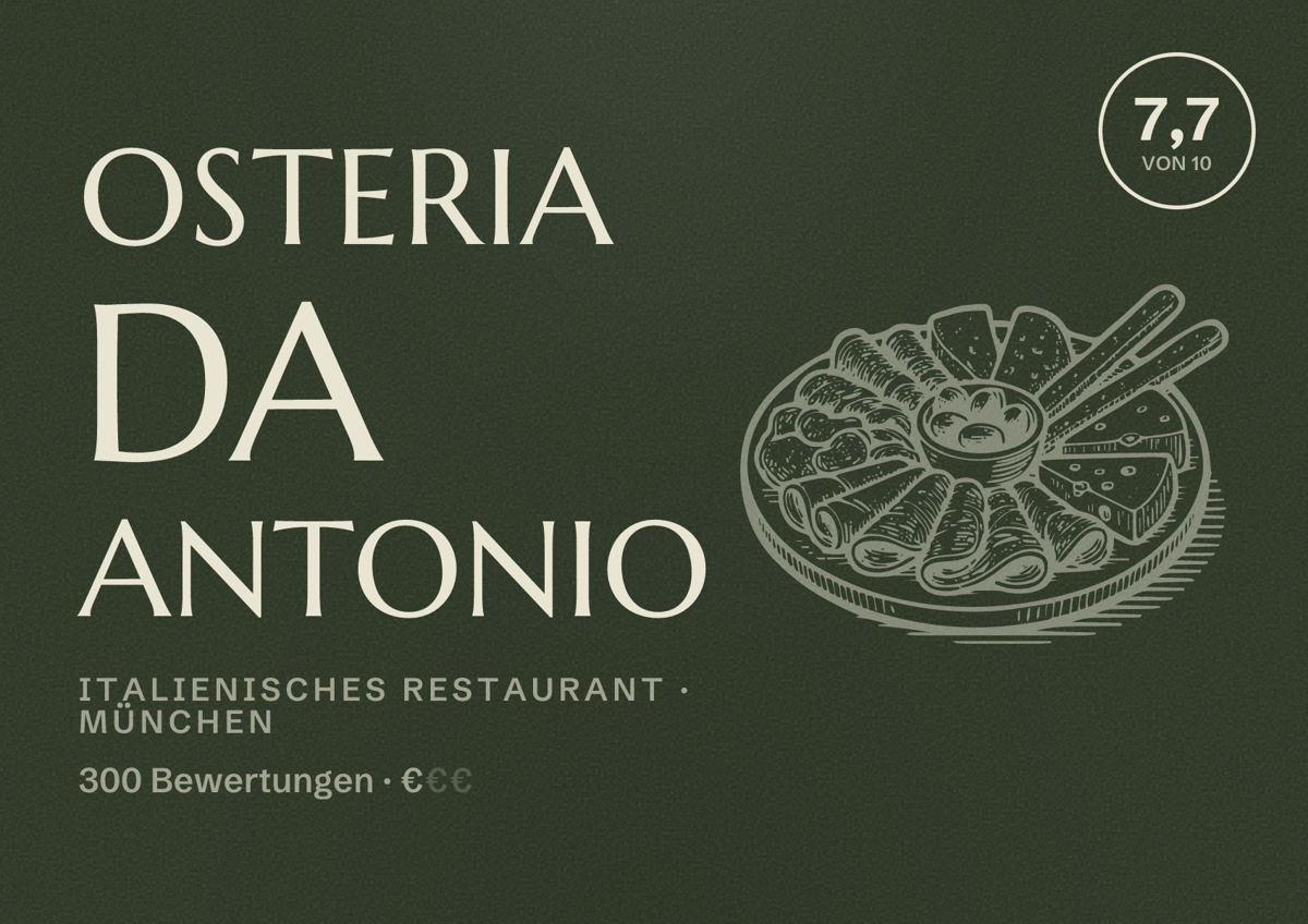 Illustriertes Poster von Osteria da Antonio, Italienisches Restaurant in München: Bewertung 7,7 von 10 aus 300 Bewertungen, Preisniveau €