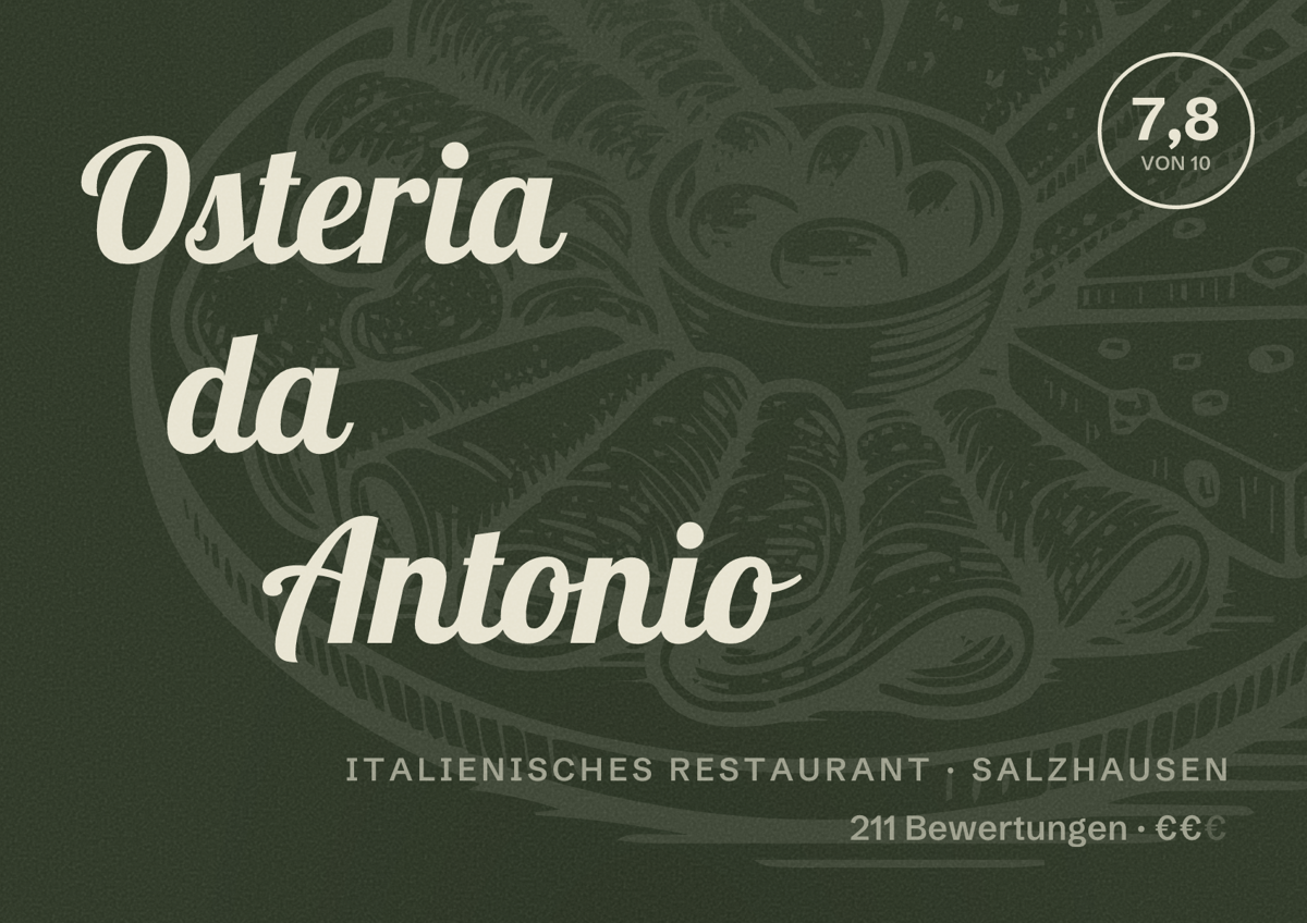 Illustriertes Poster von Osteria da Antonio, Italienisches Restaurant in Salzhausen: Bewertung 7,8 von 10 aus 211 Bewertungen, Preisniveau €€