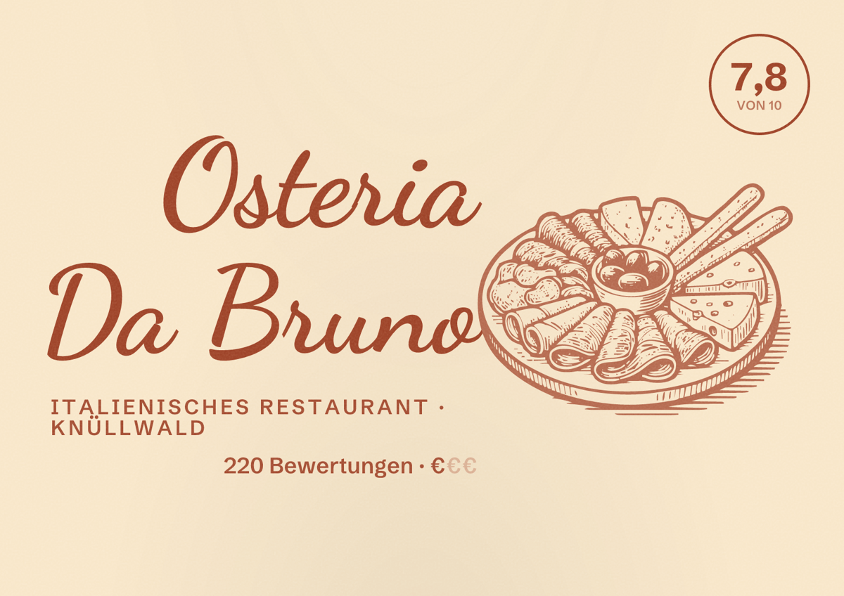 Illustriertes Poster von Osteria Da Bruno, Italienisches Restaurant in Knüllwald: Bewertung 7,8 von 10 aus 220 Bewertungen, Preisniveau €