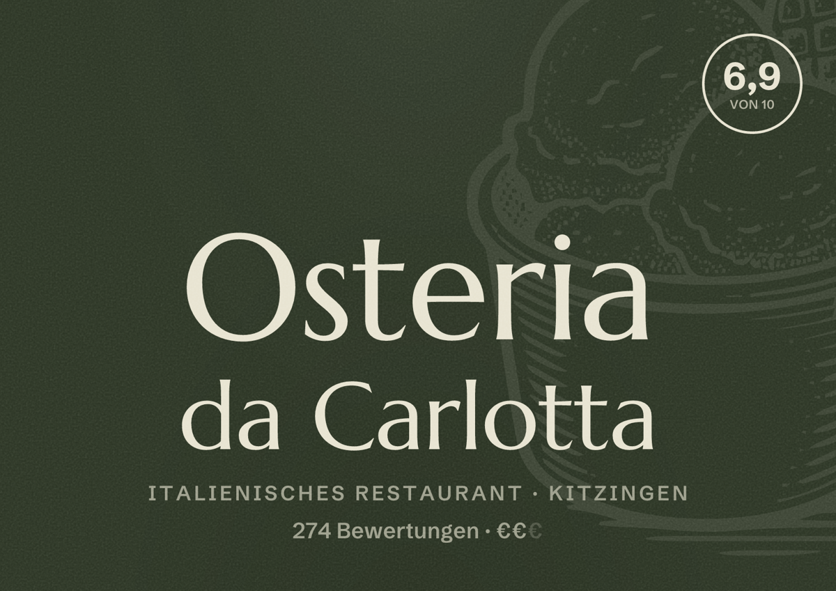 Illustriertes Poster von Osteria da Carlotta, Italienisches Restaurant in Kitzingen: Bewertung 6,9 von 10 aus 274 Bewertungen, Preisniveau €€