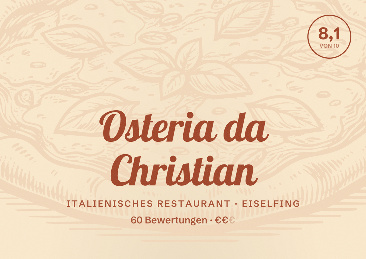 Illustriertes Poster von Osteria da Christian, Italienisches Restaurant in Eiselfing: Bewertung 8,1 von 10 aus 60 Bewertungen, Preisniveau €€
