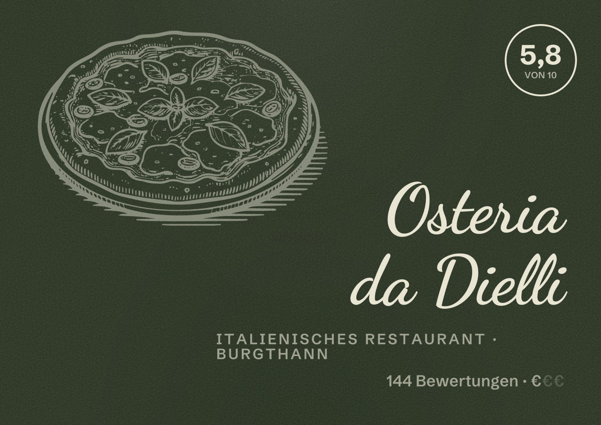 Illustriertes Poster von Osteria da Dielli, Italienisches Restaurant in Burgthann: Bewertung 5,8 von 10 aus 144 Bewertungen, Preisniveau €
