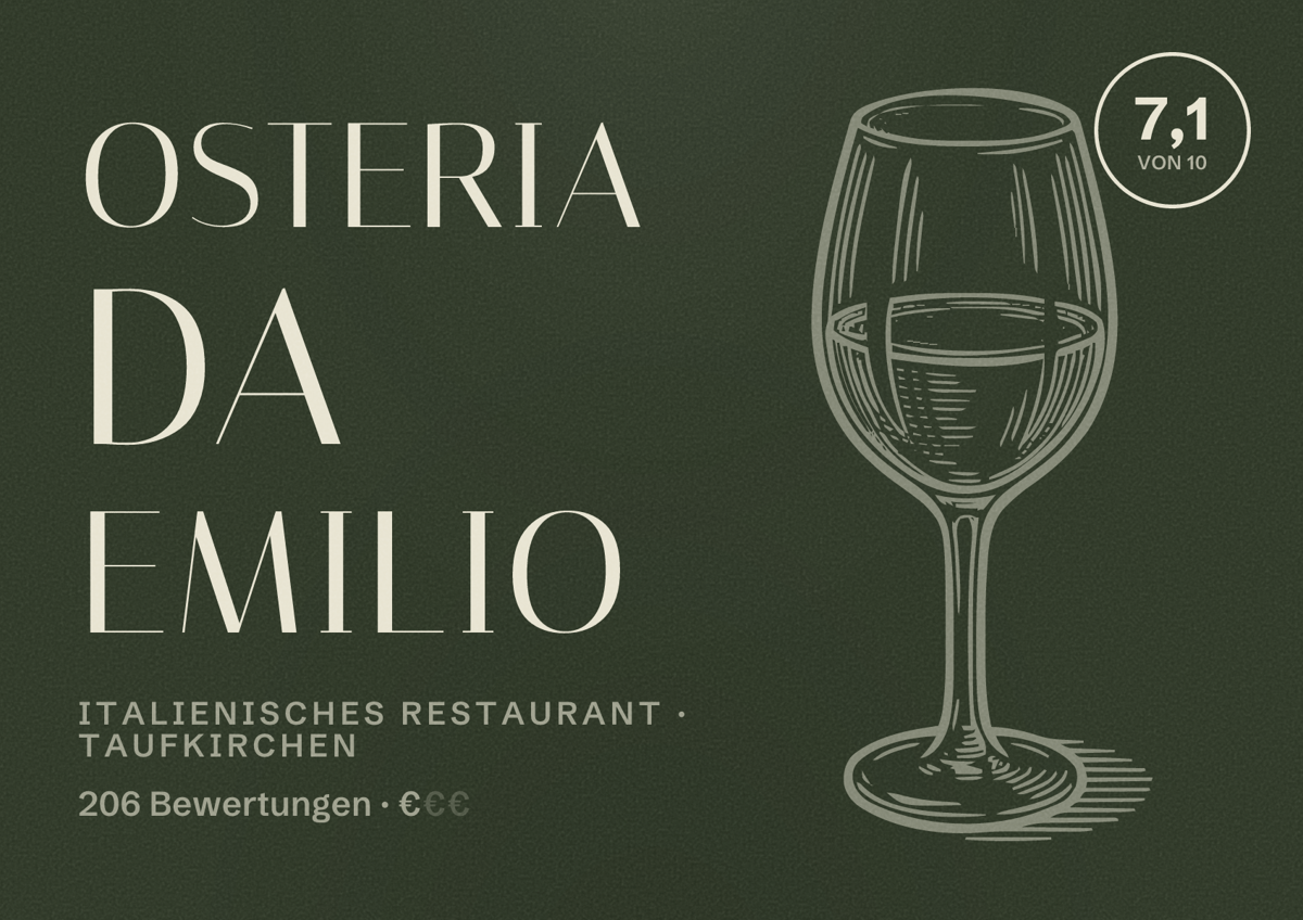 Illustriertes Poster von Osteria da Emilio, Italienisches Restaurant in Taufkirchen: Bewertung 7,1 von 10 aus 206 Bewertungen, Preisniveau €
