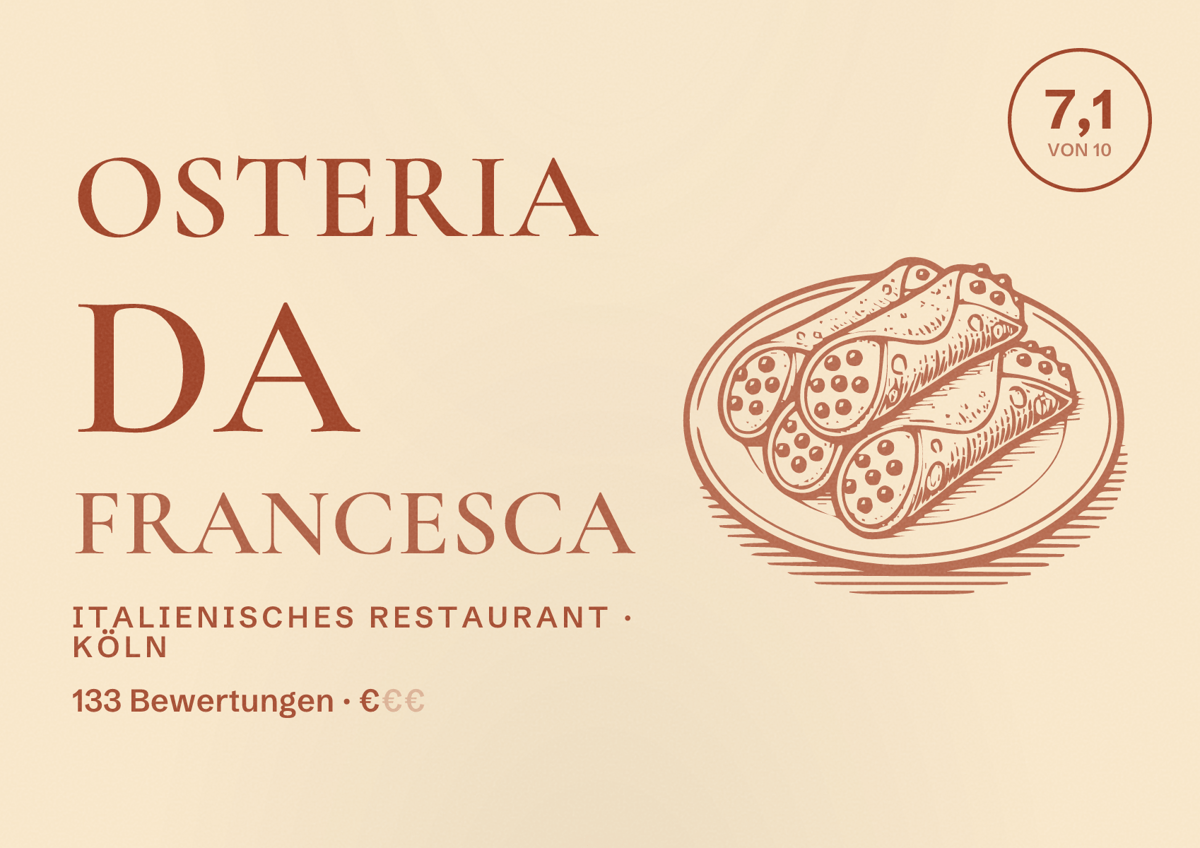 Illustriertes Poster von Osteria da Francesca, Italienisches Restaurant in Köln: Bewertung 7,1 von 10 aus 133 Bewertungen, Preisniveau €
