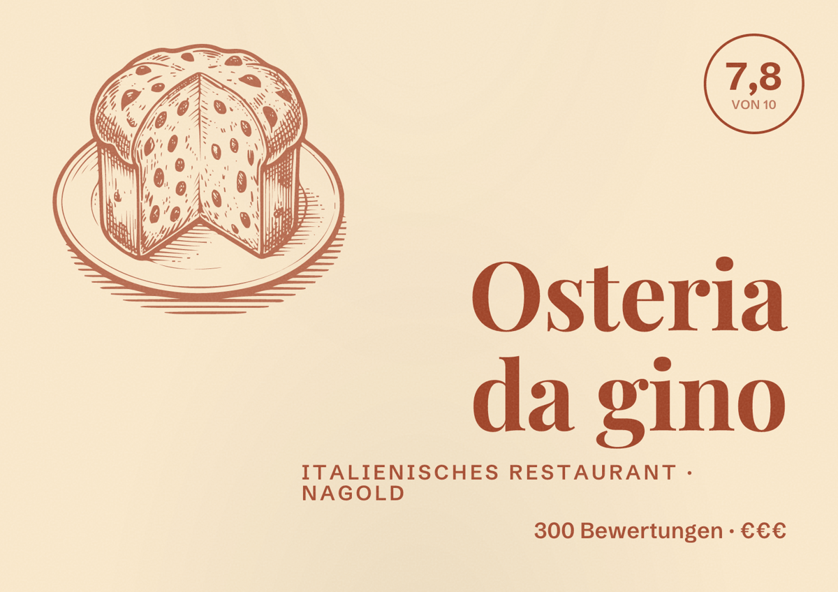 Illustriertes Poster von Osteria da gino, Italienisches Restaurant in Nagold: Bewertung 7,8 von 10 aus 300 Bewertungen, Preisniveau €€€