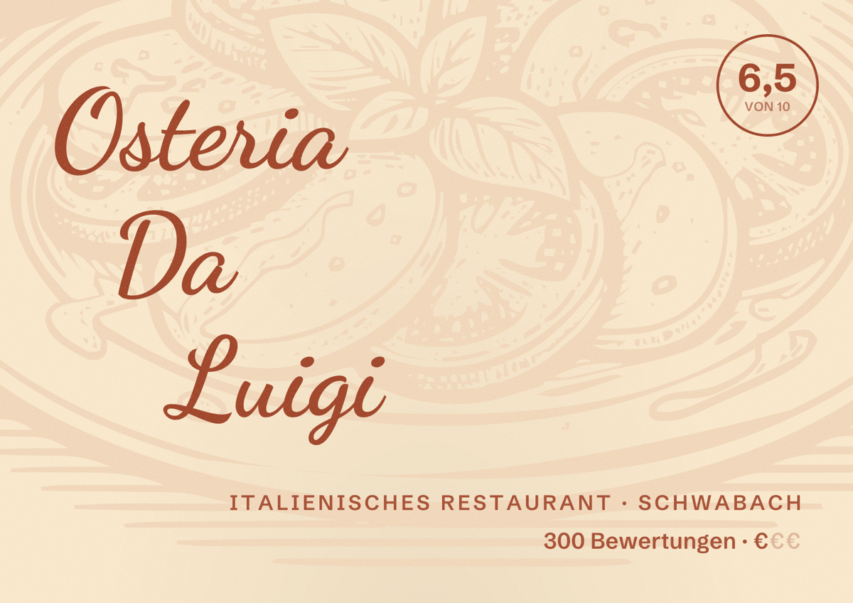 Illustriertes Poster von Osteria Da Luigi, Italienisches Restaurant in Schwabach: Bewertung 6,5 von 10 aus 300 Bewertungen, Preisniveau €