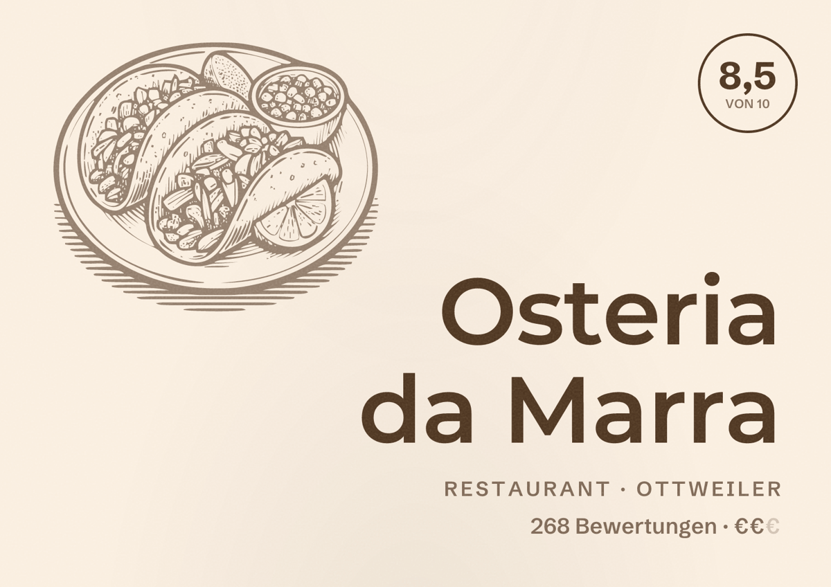Illustriertes Poster von Osteria da Marra, Restaurant in Ottweiler: Bewertung 8,5 von 10 aus 268 Bewertungen, Preisniveau €€