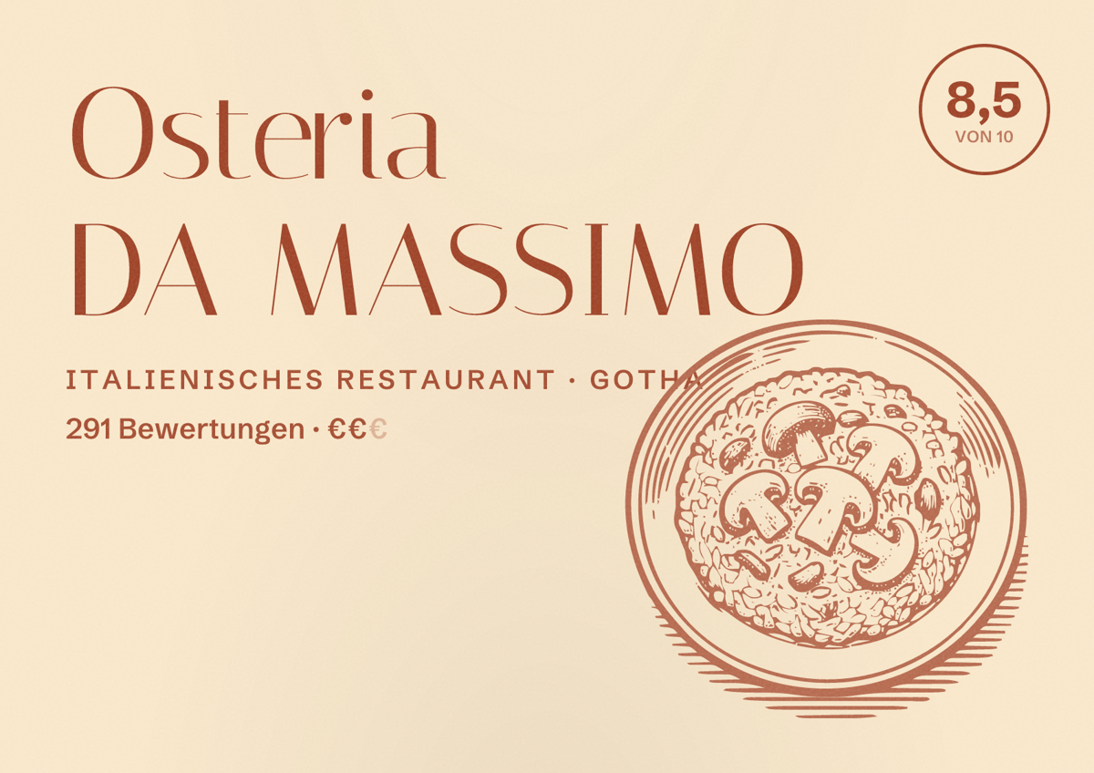 Illustriertes Poster von Osteria DA MASSIMO, Italienisches Restaurant in Gotha: Bewertung 8,5 von 10 aus 291 Bewertungen, Preisniveau €€