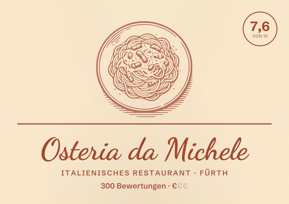 Illustriertes Poster von Osteria da Michele, Italienisches Restaurant in Fürth: Bewertung 7,6 von 10 aus 300 Bewertungen, Preisniveau €