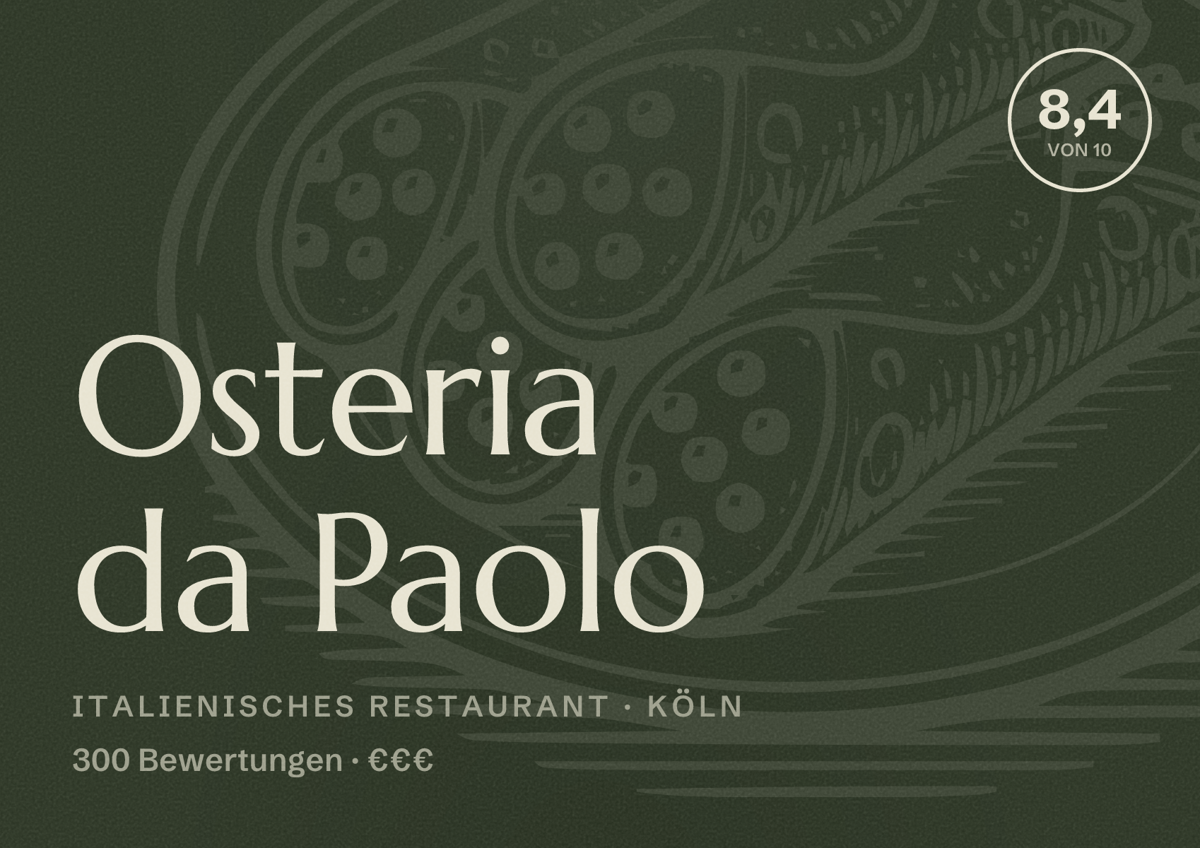 Illustriertes Poster von Osteria da Paolo, Italienisches Restaurant in Köln: Bewertung 8,4 von 10 aus 300 Bewertungen, Preisniveau €€€