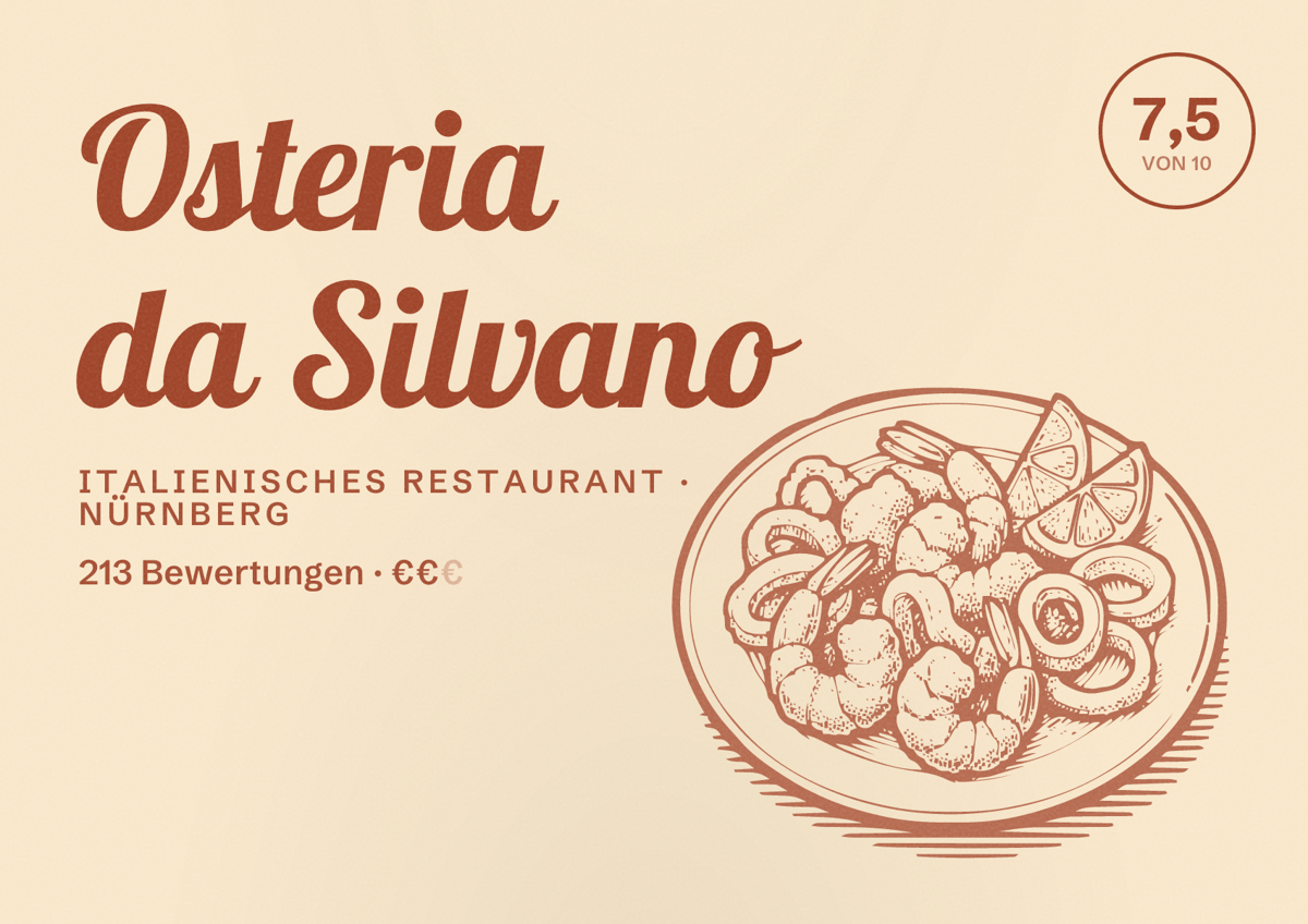 Illustriertes Poster von Osteria da Silvano, Italienisches Restaurant in Nürnberg: Bewertung 7,5 von 10 aus 213 Bewertungen, Preisniveau €€