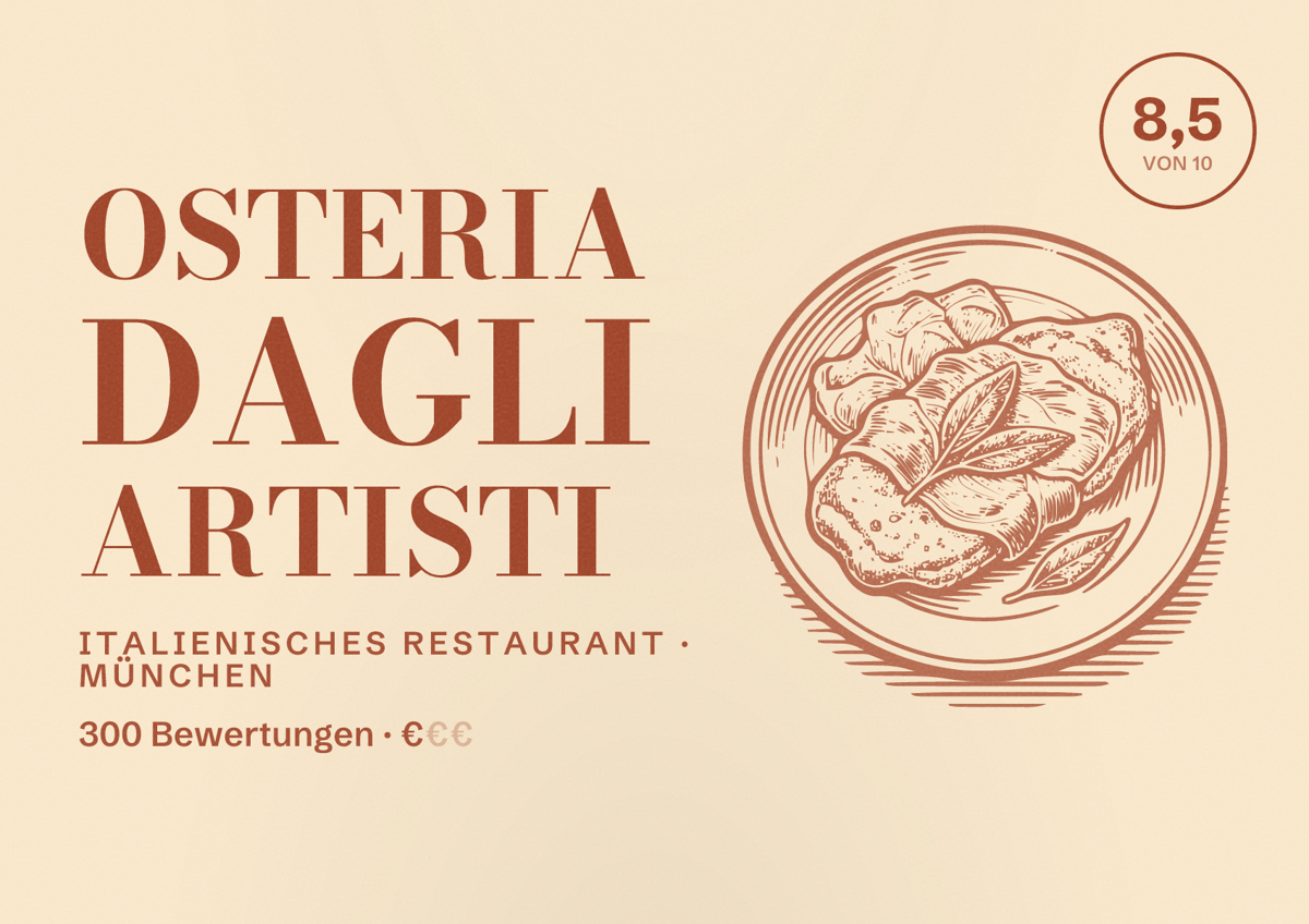Illustriertes Poster von Osteria dagli artisti, Italienisches Restaurant in München: Bewertung 8,5 von 10 aus 300 Bewertungen, Preisniveau €