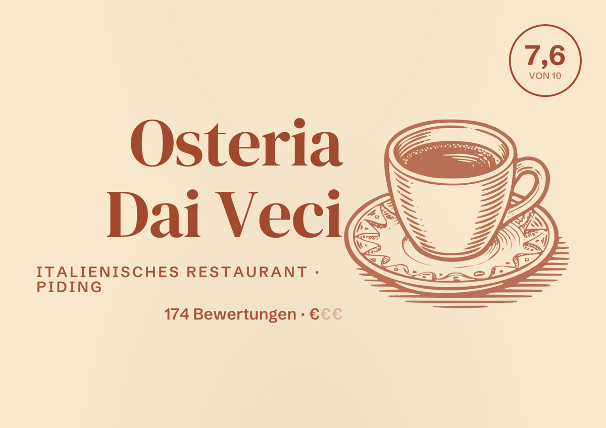 Illustriertes Poster von Osteria Dai Veci, Italienisches Restaurant in Piding: Bewertung 7,6 von 10 aus 174 Bewertungen, Preisniveau €