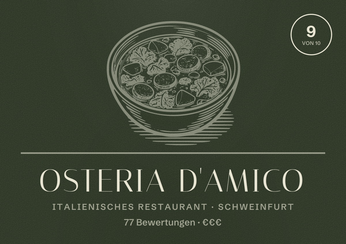 Illustriertes Poster von Osteria D'Amico, Italienisches Restaurant in Schweinfurt: Bewertung 9 von 10 aus 77 Bewertungen, Preisniveau €€€