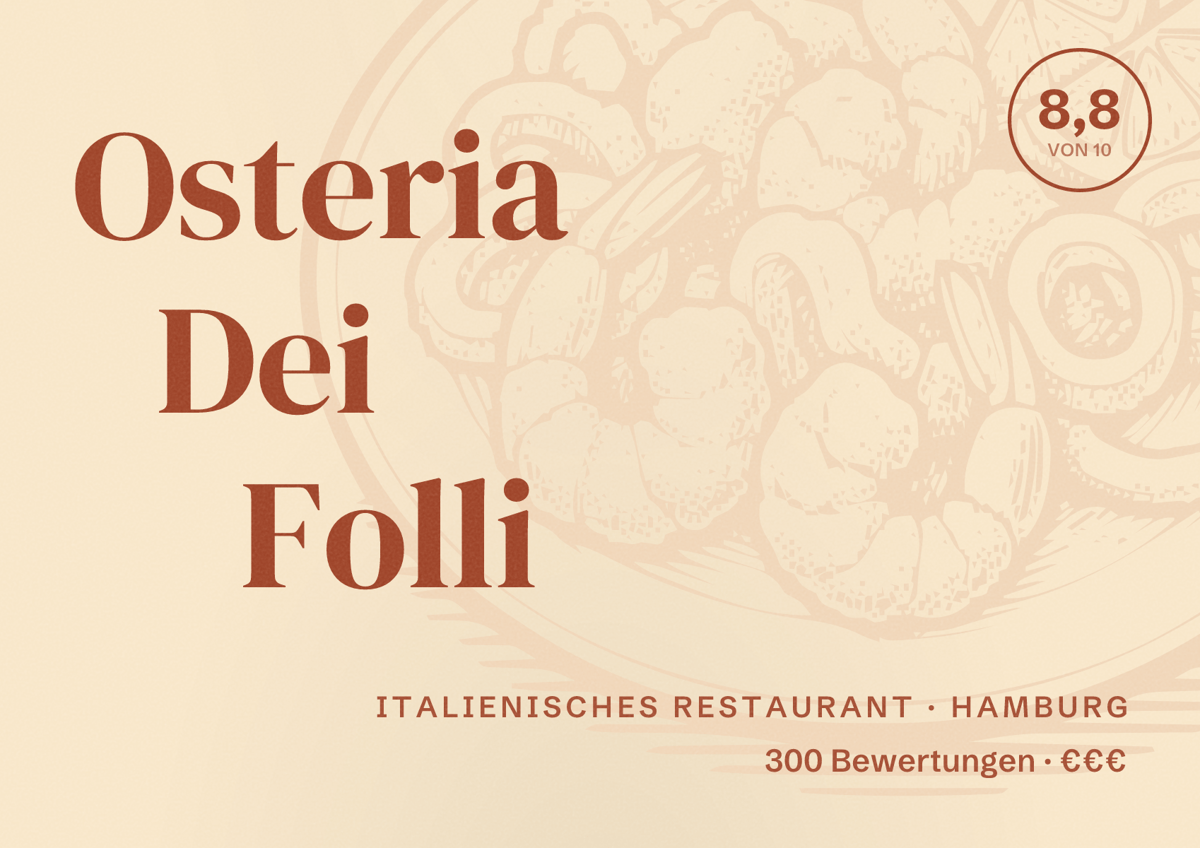 Illustriertes Poster von Osteria Dei Folli, Italienisches Restaurant in Hamburg: Bewertung 8,8 von 10 aus 300 Bewertungen, Preisniveau €€€