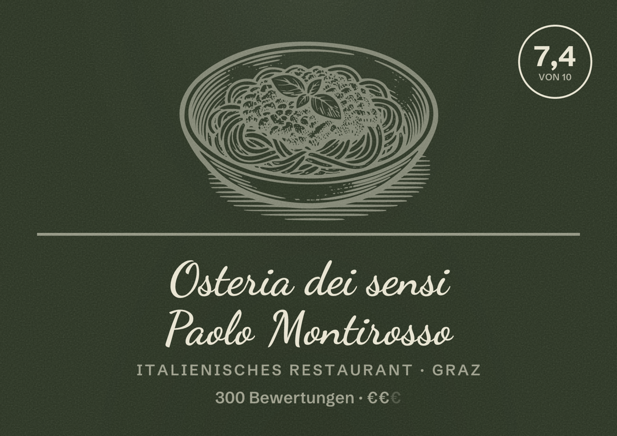 Illustriertes Poster von Osteria dei sensi Paolo Montirosso, Italienisches Restaurant in Graz: Bewertung 7,4 von 10 aus 300 Bewertungen, Preisniveau €€