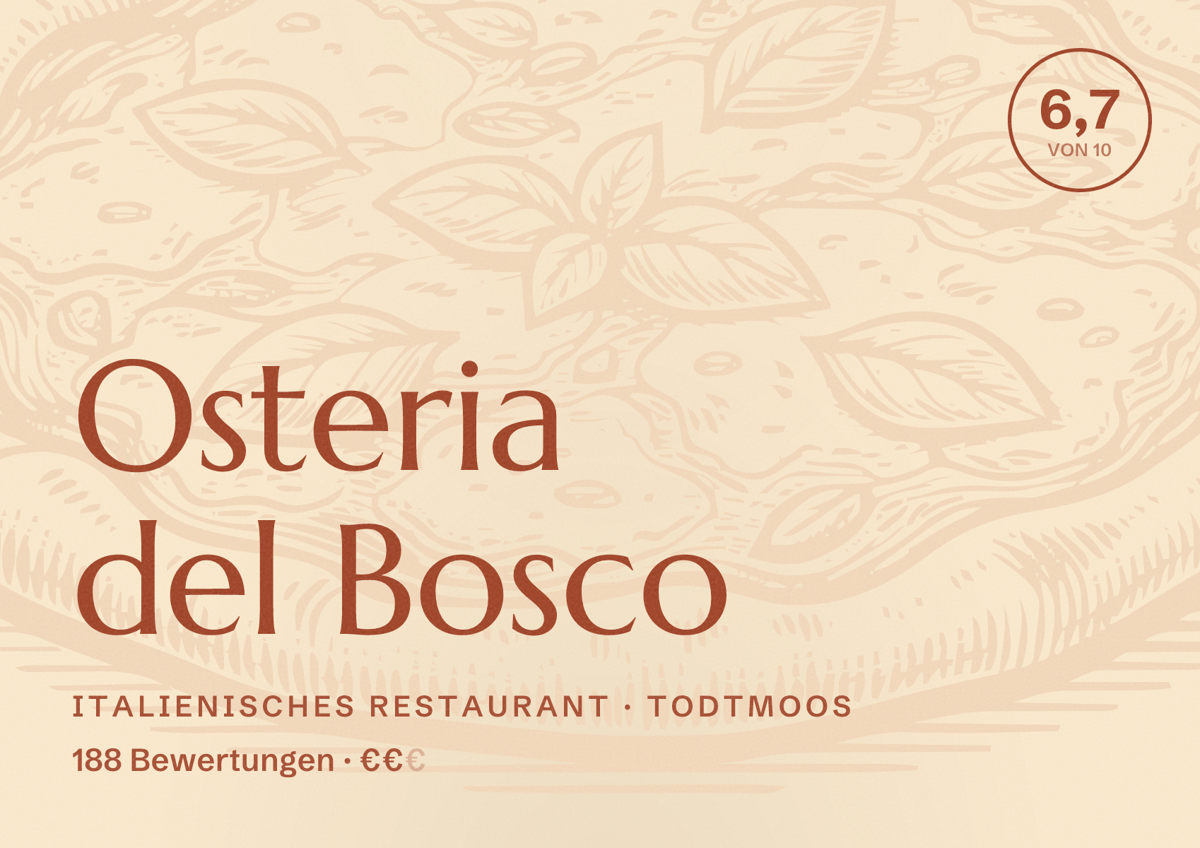Illustriertes Poster von Osteria del Bosco, Italienisches Restaurant in Todtmoos: Bewertung 6,7 von 10 aus 188 Bewertungen, Preisniveau €€