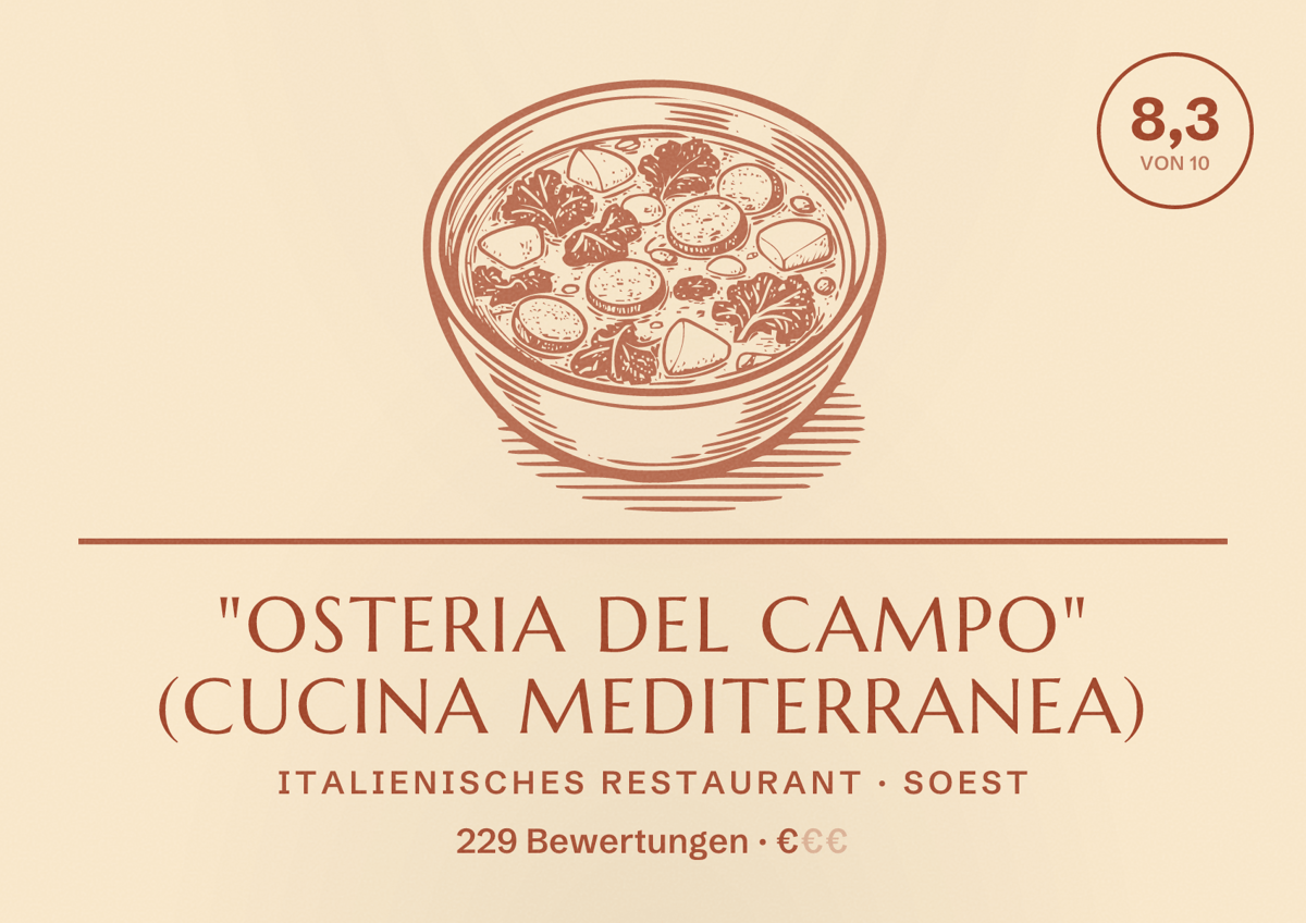 Illustriertes Poster von "Osteria del Campo" (Cucina Mediterranea), Italienisches Restaurant in Soest: Bewertung 8,3 von 10 aus 229 Bewertungen, Preisniveau €