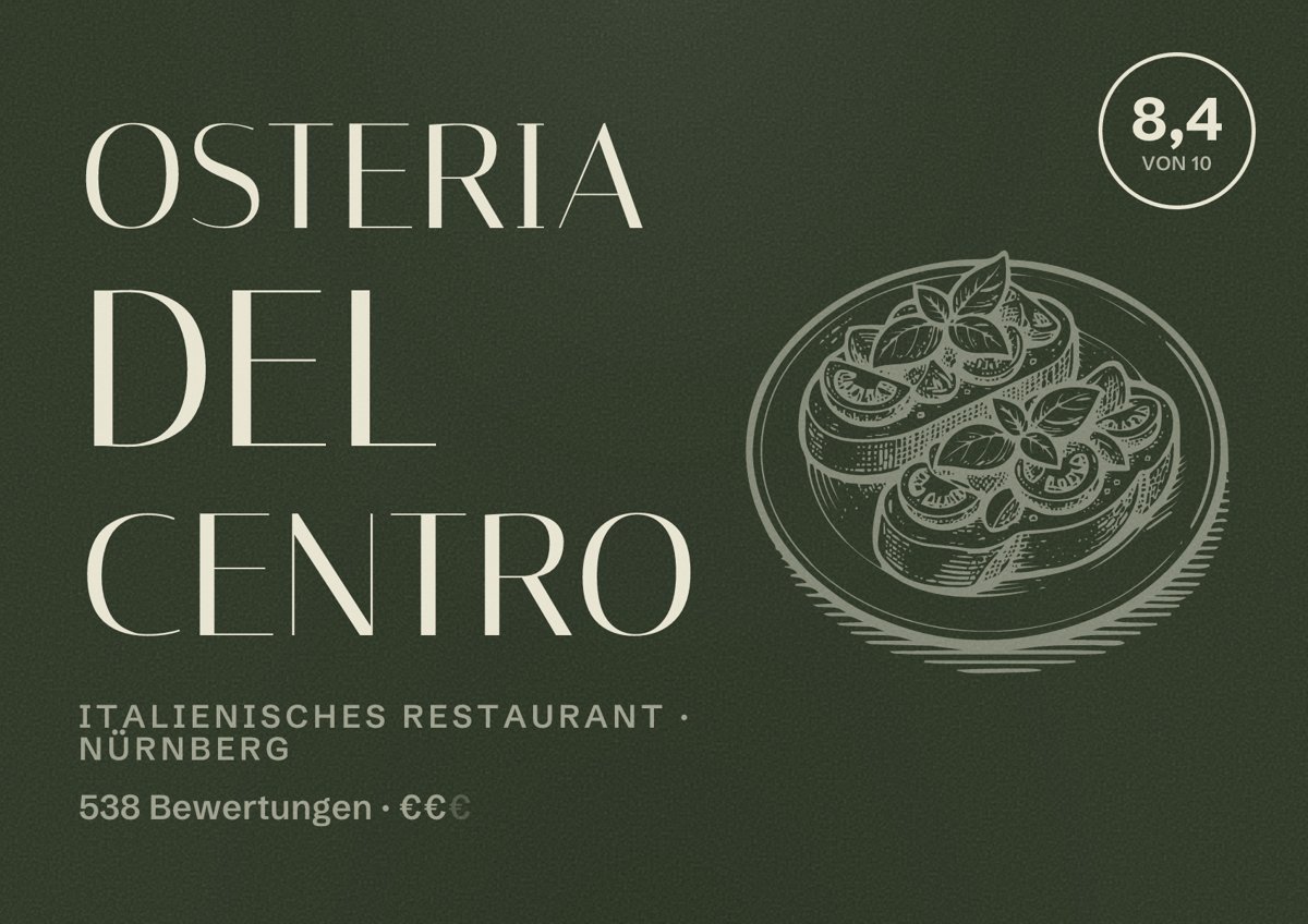 Illustriertes Poster von Osteria Del Centro, Italienisches Restaurant in Nürnberg: Bewertung 8,4 von 10 aus 538 Bewertungen, Preisniveau €€