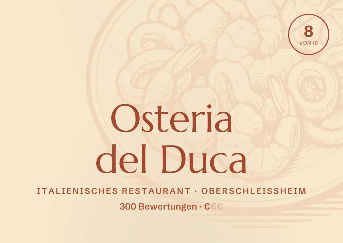Illustriertes Poster von Osteria del Duca, Italienisches Restaurant in Oberschleißheim: Bewertung 8 von 10 aus 300 Bewertungen, Preisniveau €