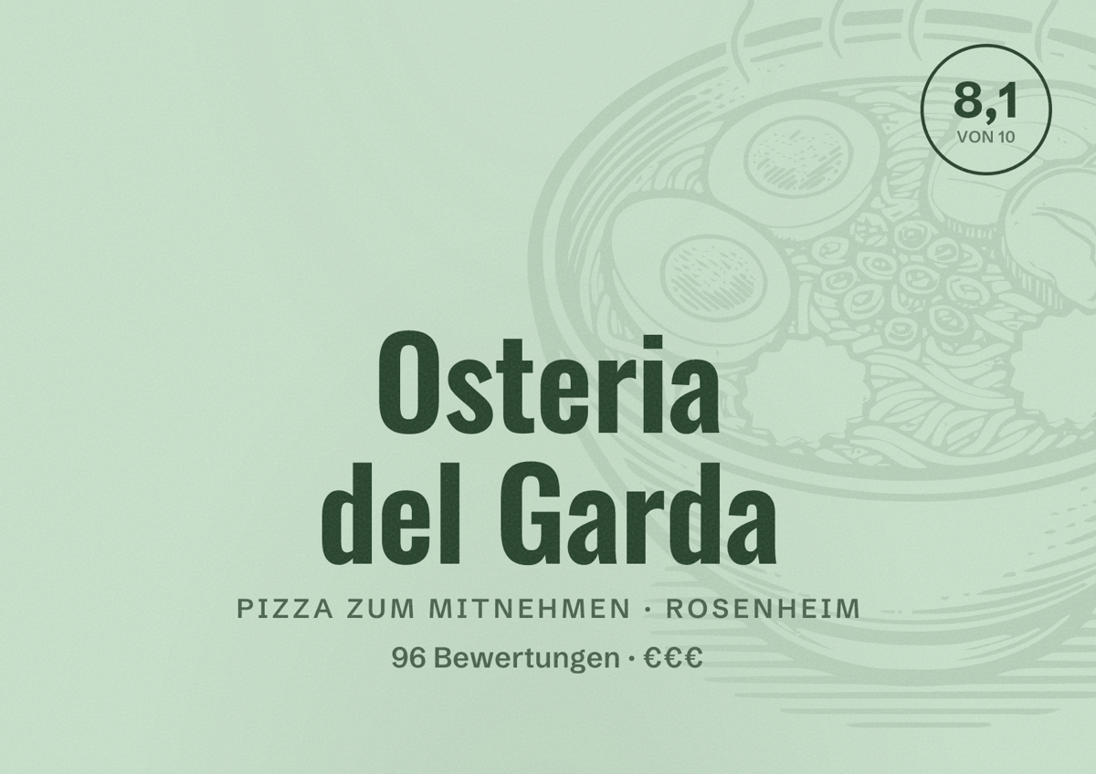 Illustriertes Poster von Osteria del Garda, Pizza zum Mitnehmen in Rosenheim: Bewertung 8,1 von 10 aus 96 Bewertungen, Preisniveau €€€