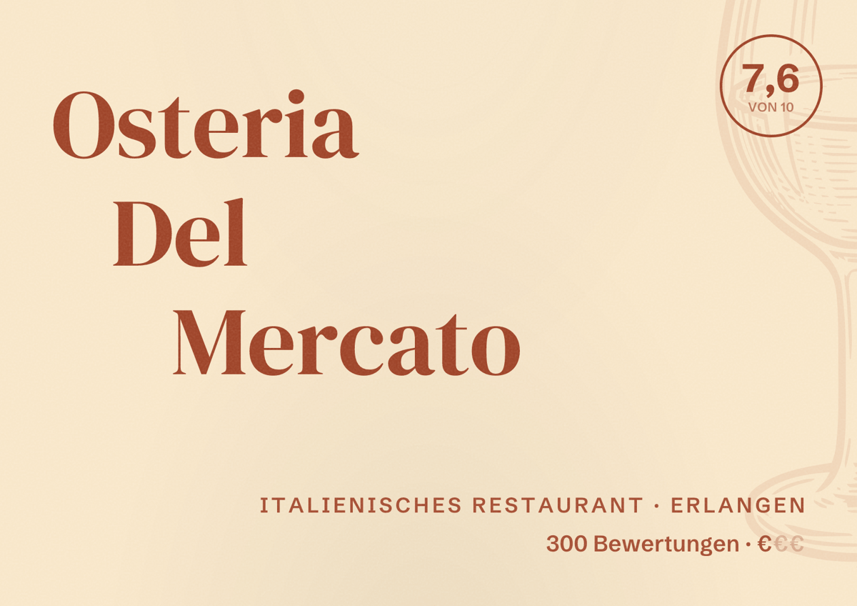 Illustriertes Poster von Osteria Del Mercato, Italienisches Restaurant in Erlangen: Bewertung 7,6 von 10 aus 300 Bewertungen, Preisniveau €