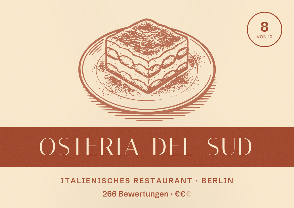 Illustriertes Poster von Osteria-del-sud, Italienisches Restaurant in Berlin: Bewertung 8 von 10 aus 266 Bewertungen, Preisniveau €€