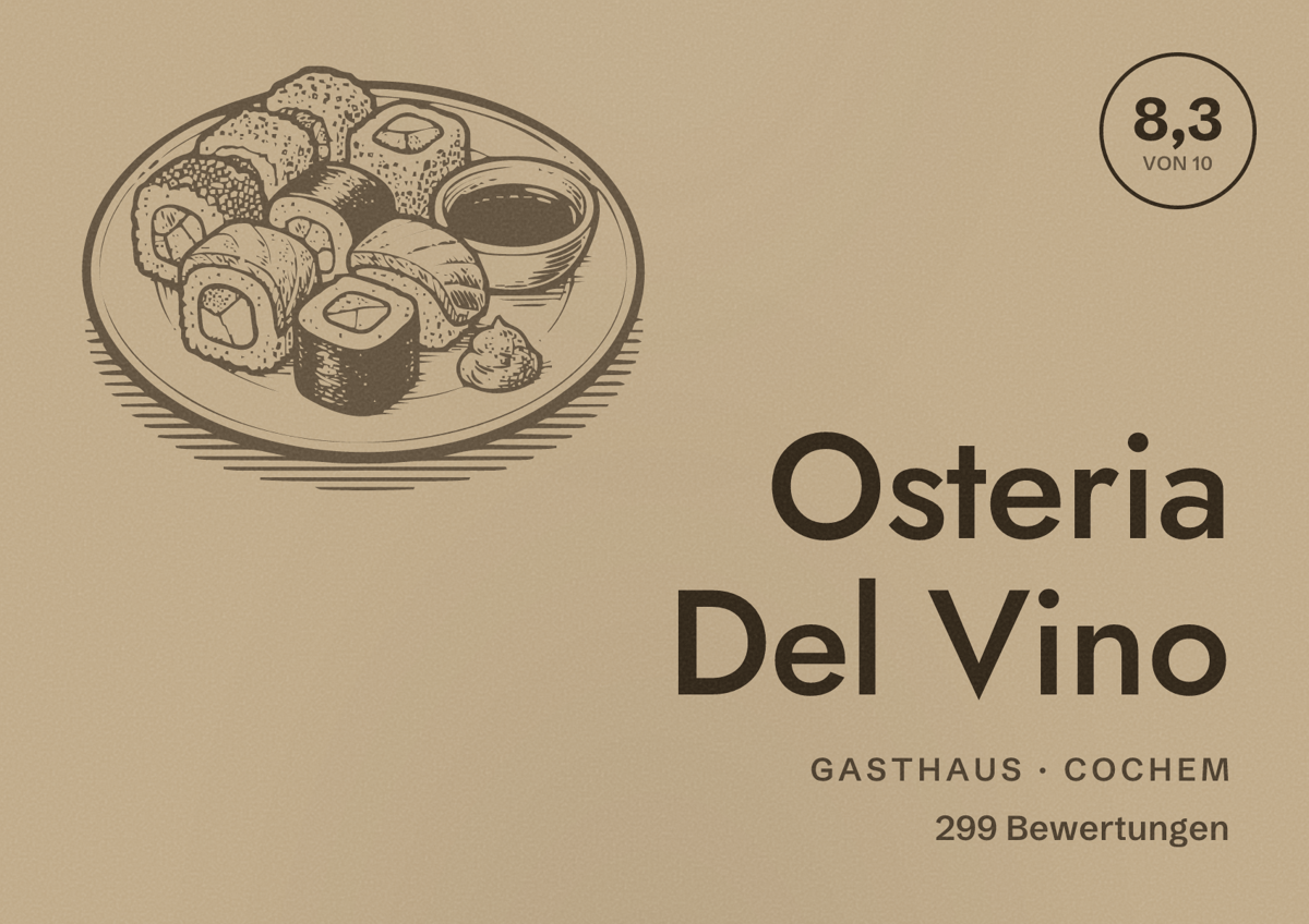 Illustriertes Poster von Osteria Del Vino, Gasthaus in Cochem: Bewertung 8,3 von 10 aus 299 Bewertungen