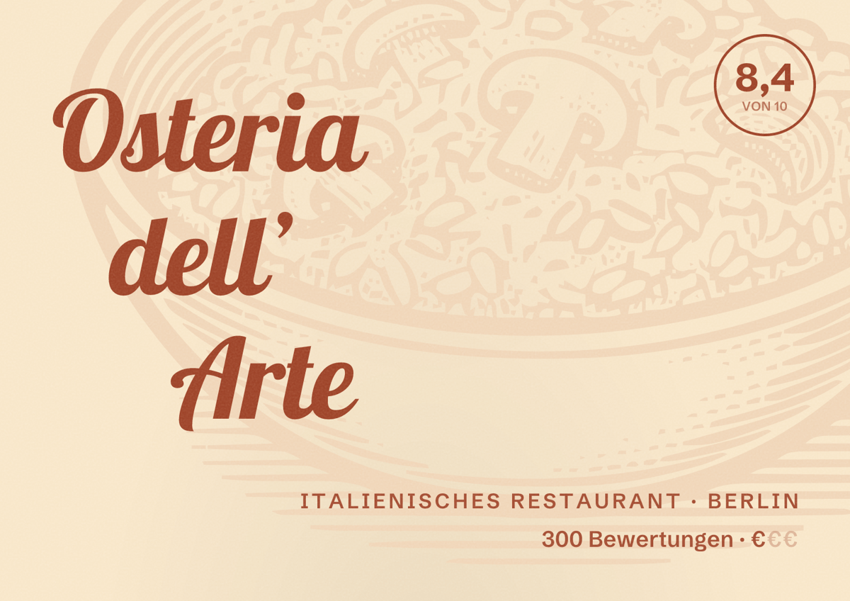 Illustriertes Poster von Osteria dell’ Arte, Italienisches Restaurant in Berlin: Bewertung 8,4 von 10 aus 300 Bewertungen, Preisniveau €