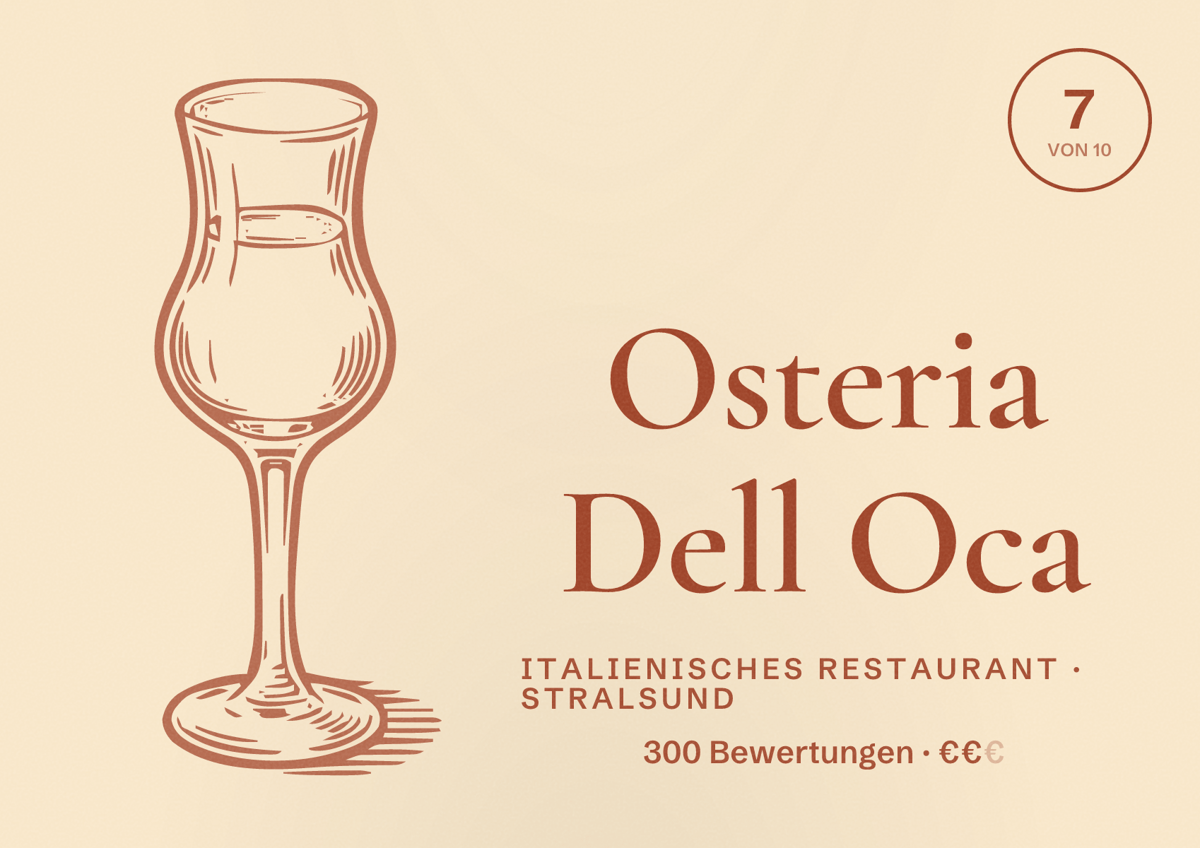 Illustriertes Poster von Osteria Dell Oca, Italienisches Restaurant in Stralsund: Bewertung 7 von 10 aus 300 Bewertungen, Preisniveau €€