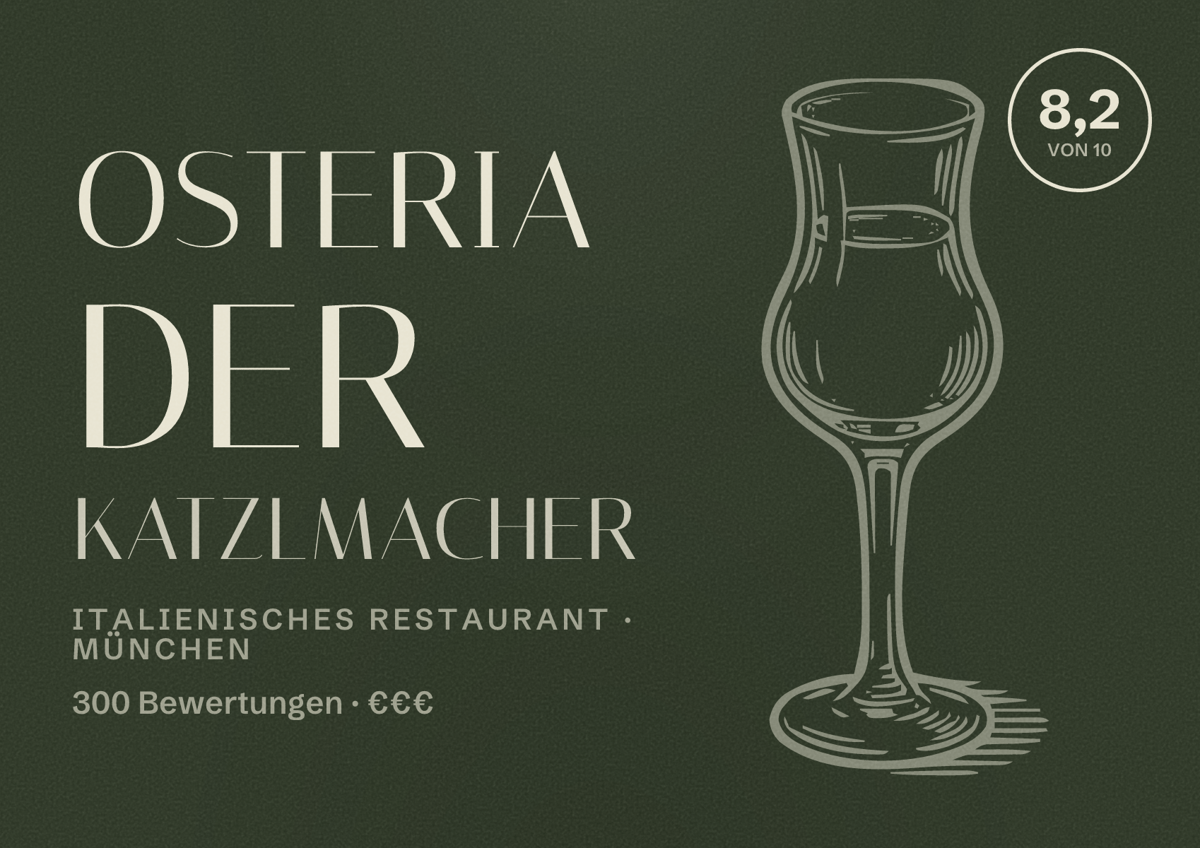 Illustriertes Poster von Osteria der Katzlmacher, Italienisches Restaurant in München: Bewertung 8,2 von 10 aus 300 Bewertungen, Preisniveau €€€