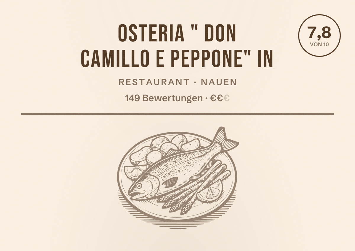 Illustriertes Poster von Osteria " Don Camillo e Peppone" in, Restaurant in Nauen: Bewertung 7,8 von 10 aus 149 Bewertungen, Preisniveau €€