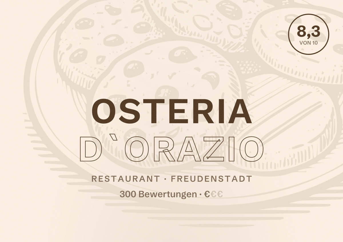 Illustriertes Poster von Osteria D`Orazio, Restaurant in Freudenstadt: Bewertung 8,3 von 10 aus 300 Bewertungen, Preisniveau €