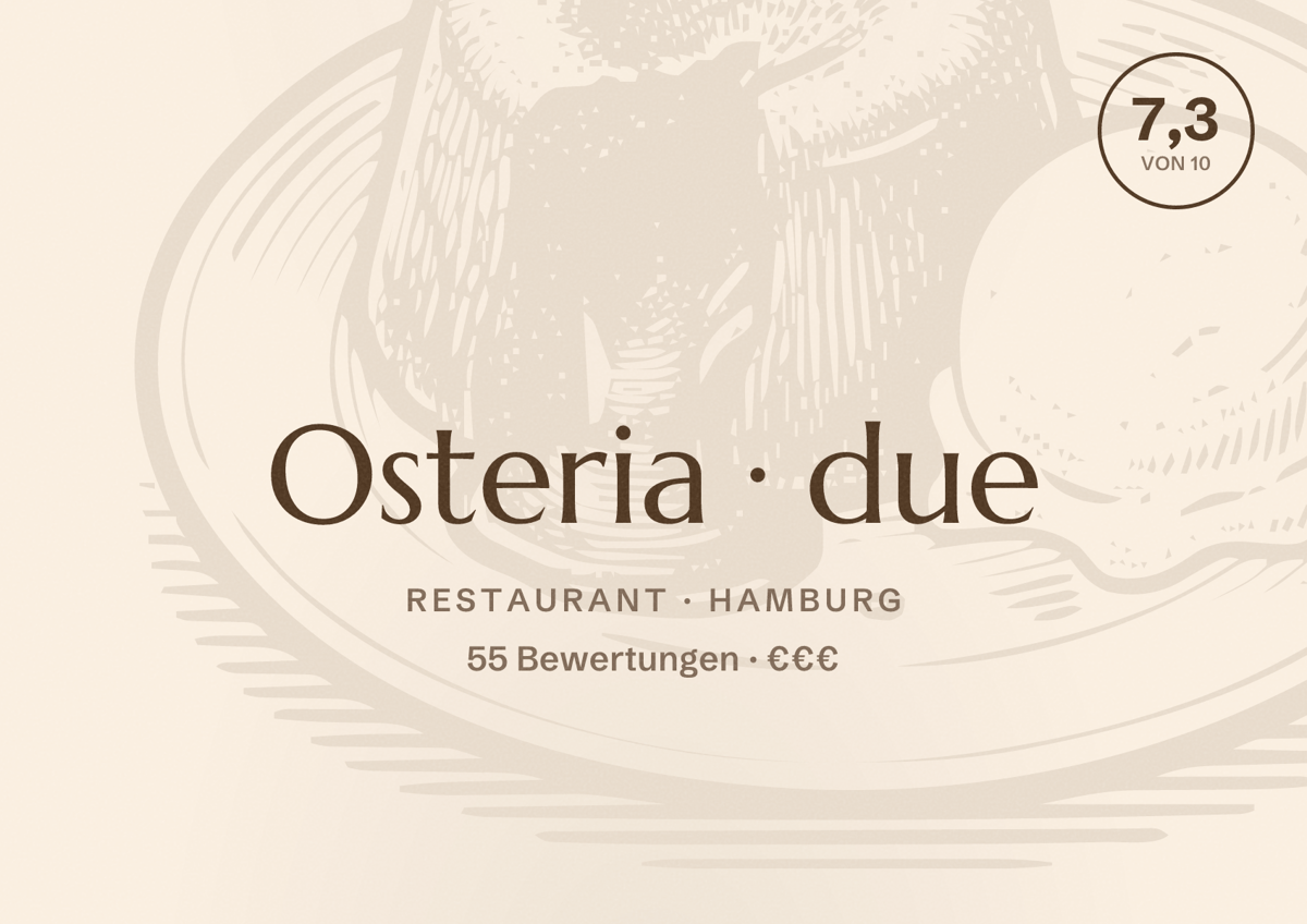 Illustriertes Poster von Osteria due, Restaurant in Hamburg: Bewertung 7,3 von 10 aus 55 Bewertungen, Preisniveau €€€