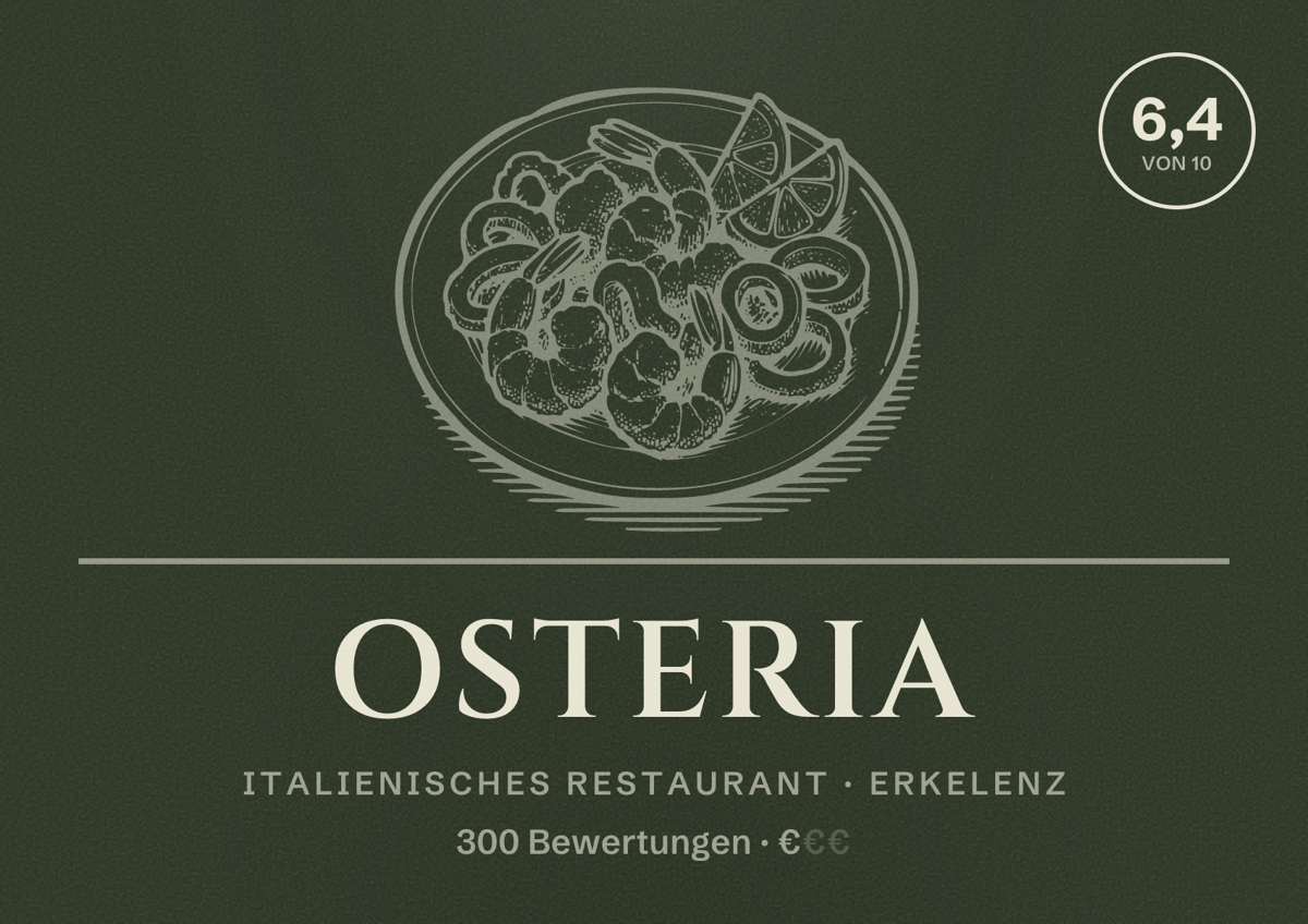Illustriertes Poster von Osteria, Italienisches Restaurant in Erkelenz: Bewertung 6,4 von 10 aus 300 Bewertungen, Preisniveau €