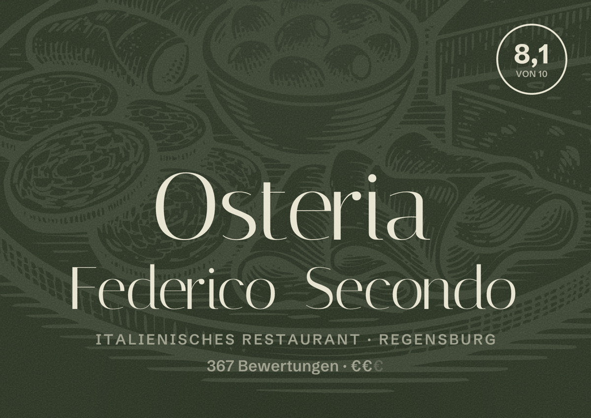 Illustriertes Poster von Osteria Federico Secondo, Italienisches Restaurant in Regensburg: Bewertung 8,1 von 10 aus 367 Bewertungen, Preisniveau €€